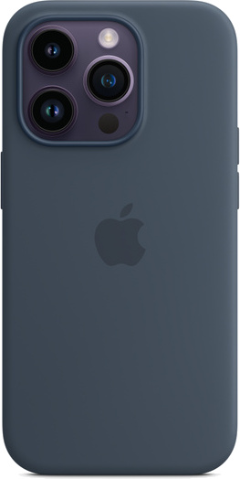 Een donkerblauwe iPhone 14 Pro met een drievoudig camerasysteem en het Apple-logo.