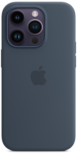 Een donkerblauwe iPhone met camera en Apple-logo.