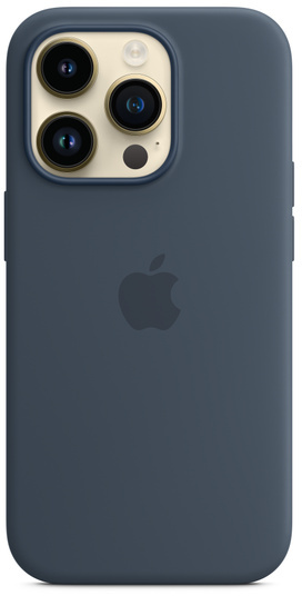 Donkerblauwe telefoonhoes met het Apple-logo en drie cameralenzen.