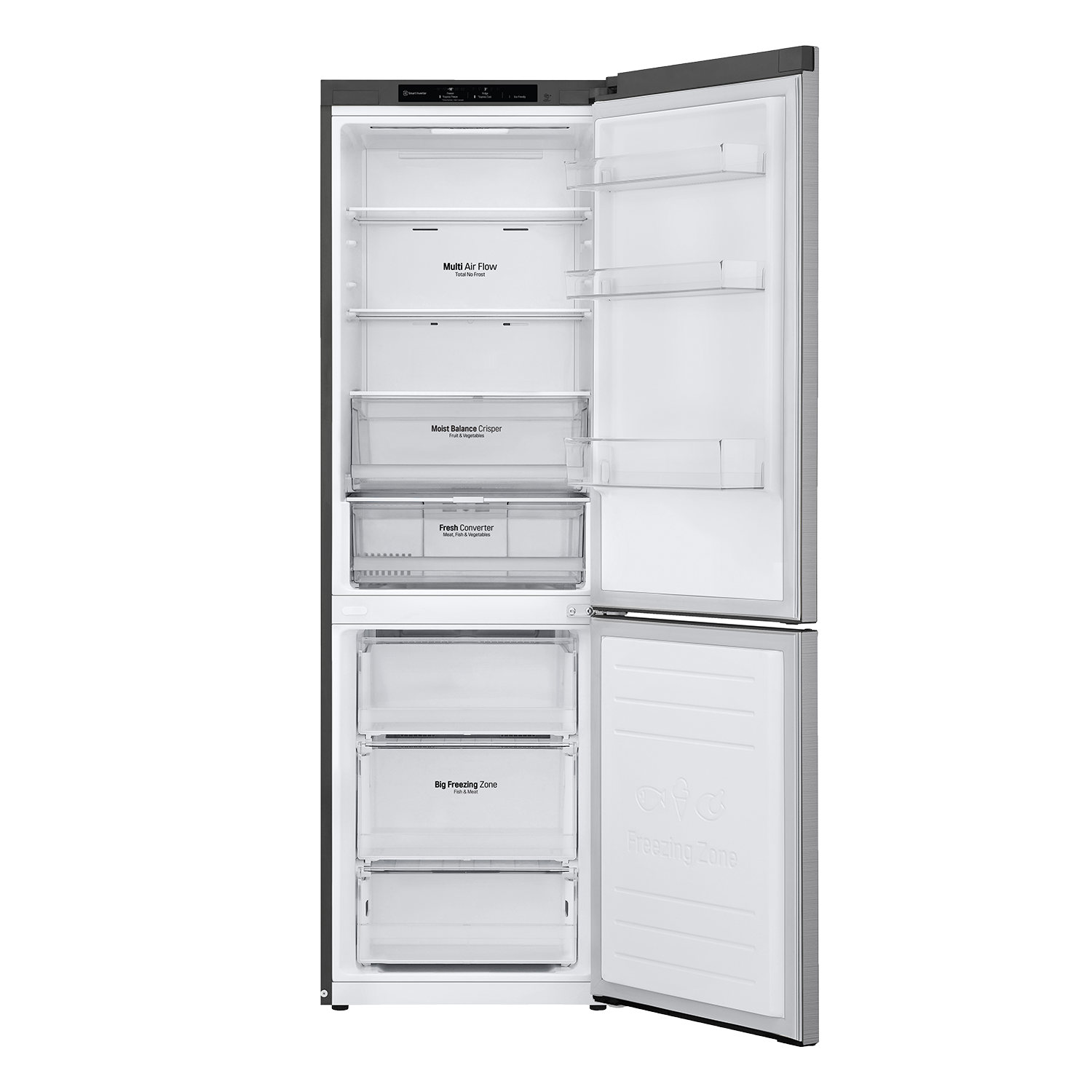 Open koelkast toont planken, laden. Wit interieur, open deur. Verschillende voedselsecties zijn gelabeld.