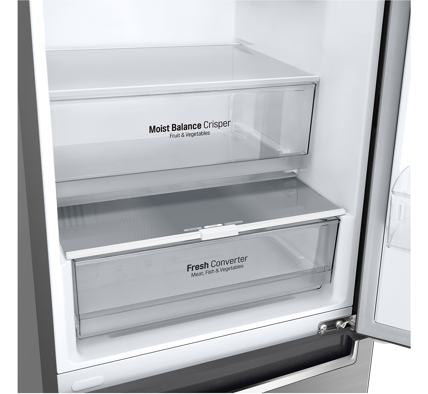 Koelkastinterieur met twee doorzichtige laden met de labels 'Moist Balance Crisper' en 'Fresh Converter'.