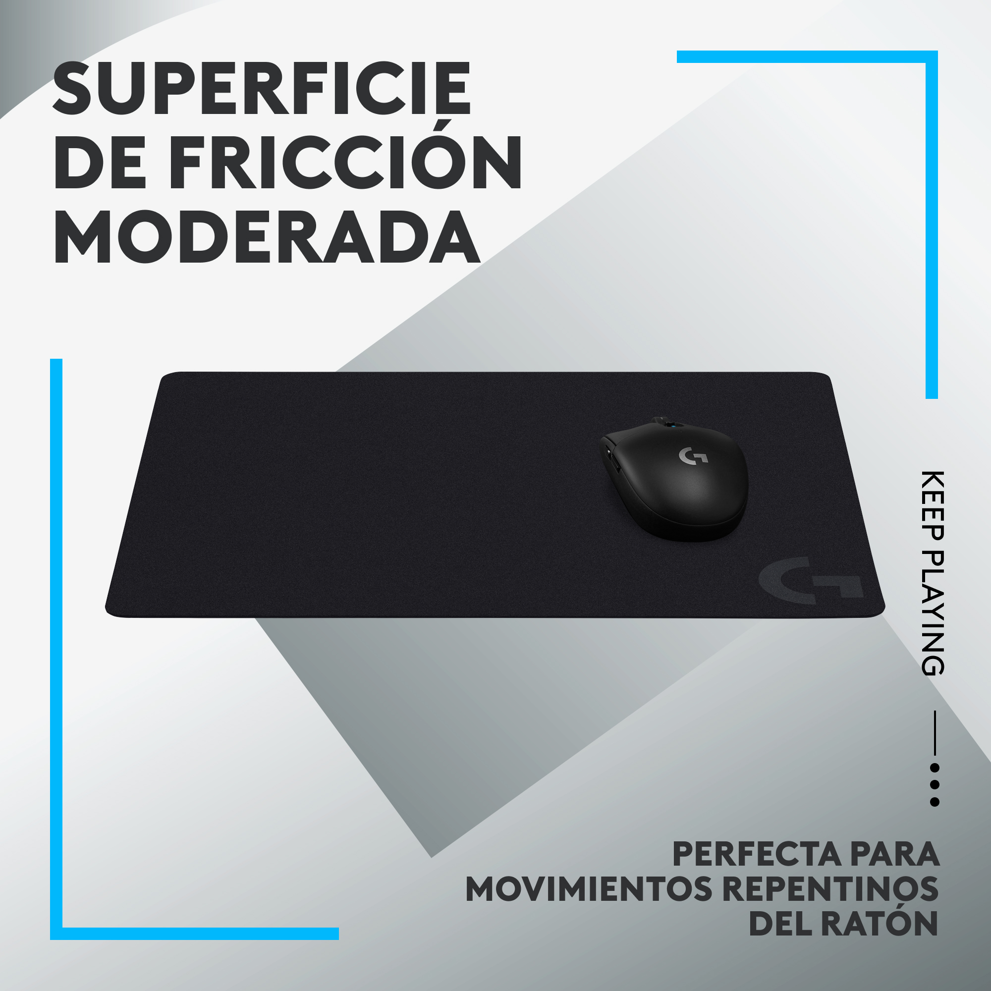 Una alfombrilla de ratón negra con un ratón negro. Texto en español: Superficie de fricción moderada. Perfecto para movimientos rápidos.