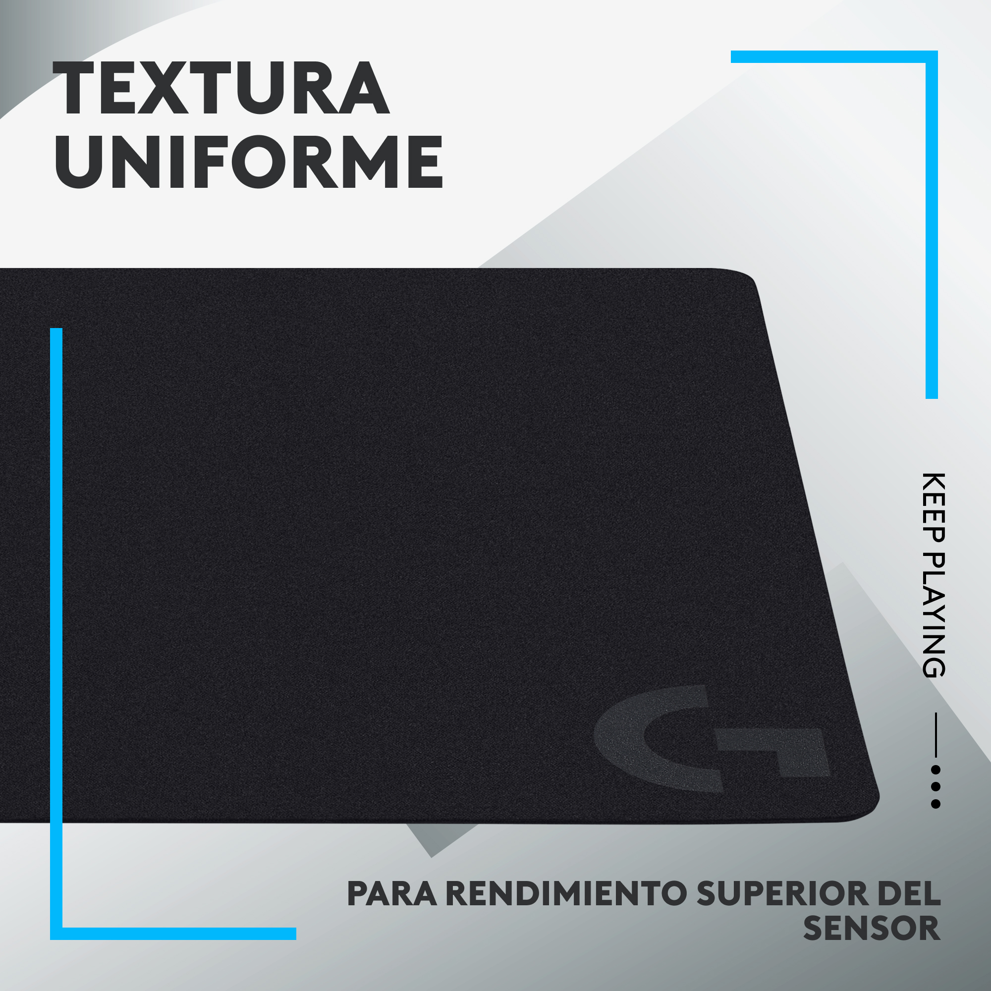 Una alfombrilla de ratón negra con una textura uniforme y el logotipo de Logitech.