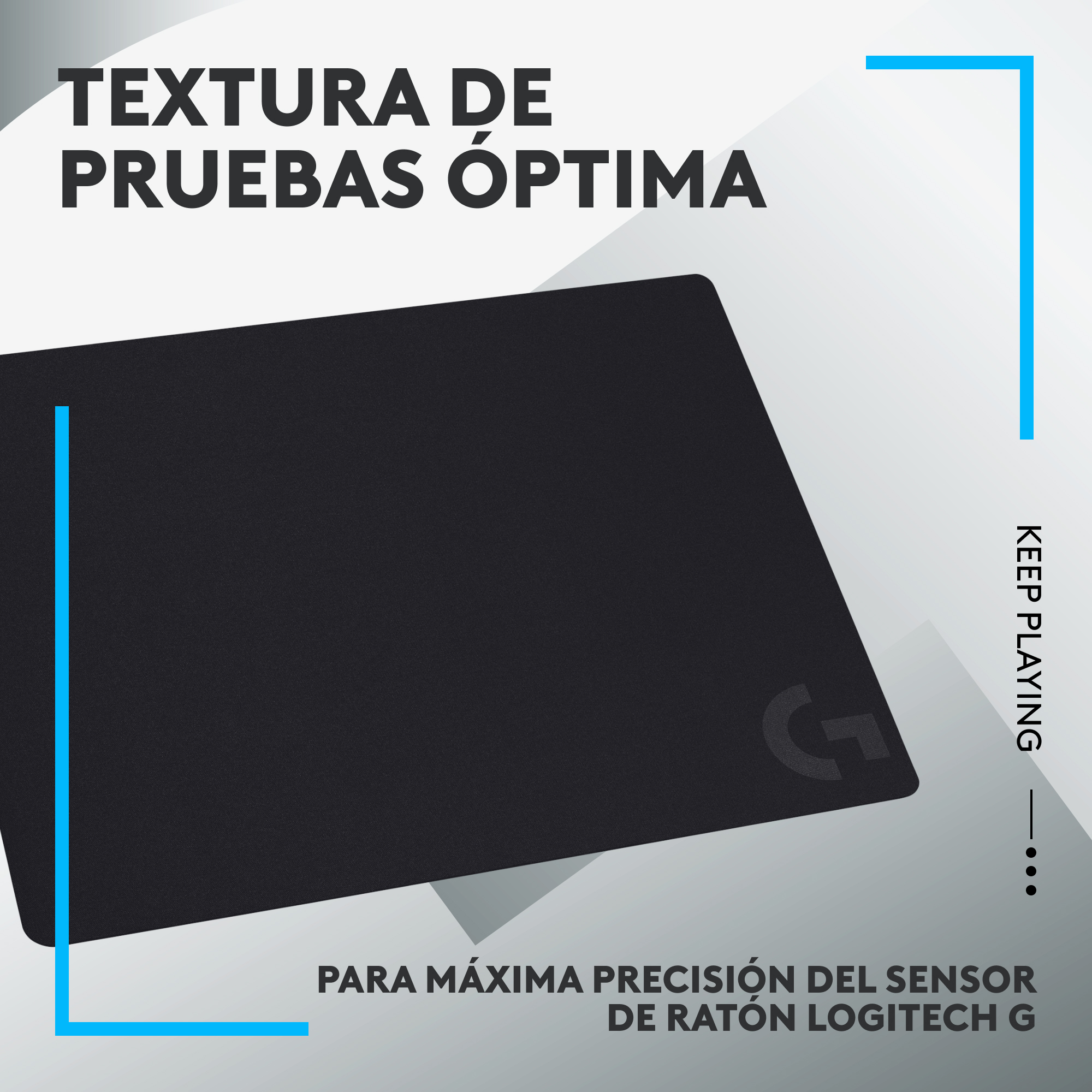 Alfombrilla de ratón negra con el logotipo blanco de Logitech G. Texto: 'Textura de prueba óptima'.