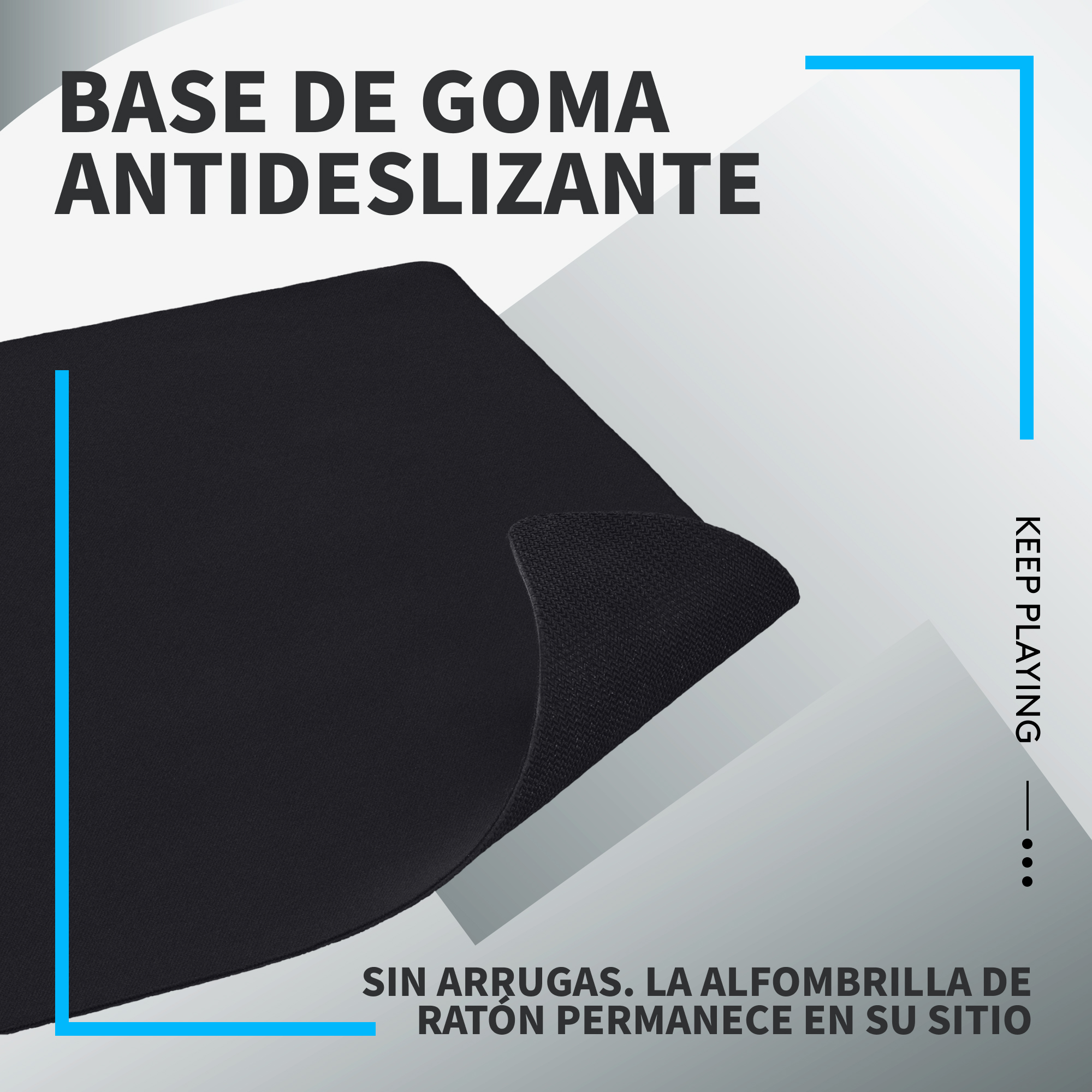 Alfombrilla de ratón negra con superficie negra y borde azul, texto a la derecha.