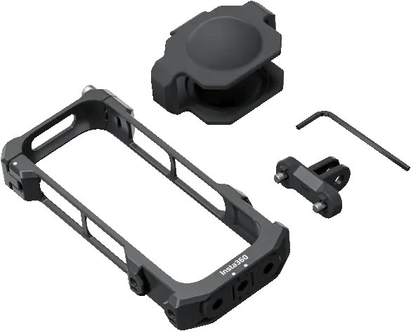 Cage noire pour caméra Insta360 avec accessoires, incluant un support et un outil.