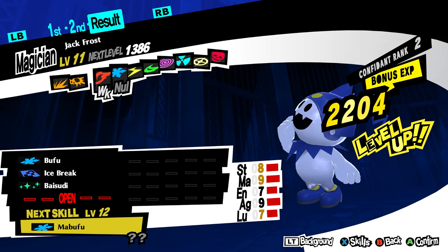 Een game-scherm met een blauw monster, Jack Frost, en spelstatistieken. Level-up tekst is aanwezig.