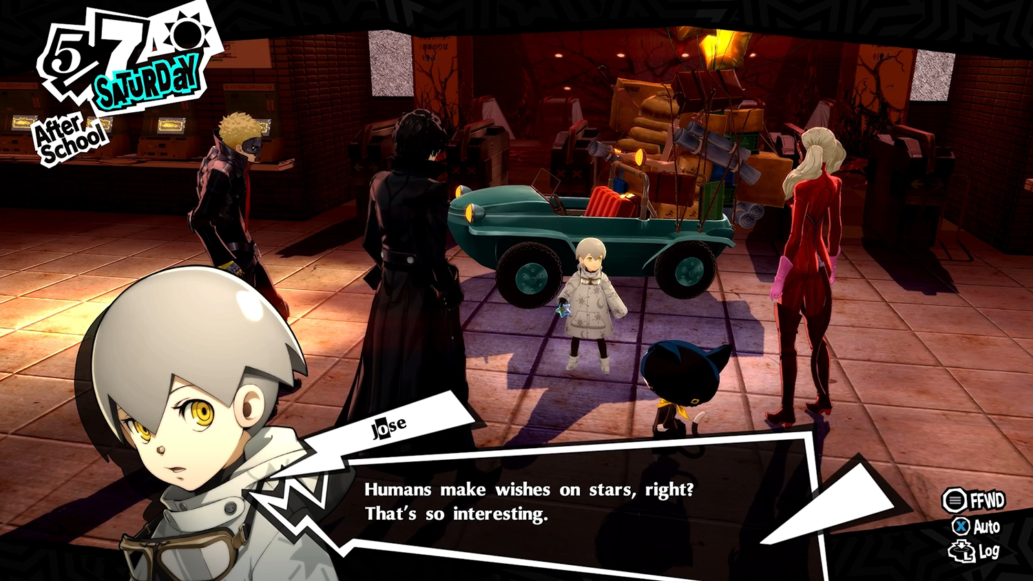 Scène uit een videogame met pratende personages. Tekstballon op de voorgrond.