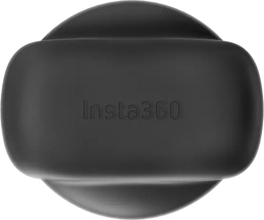 Objet sphérique noir avec le mot 'Insta360' en relief sur sa surface. Fond blanc.