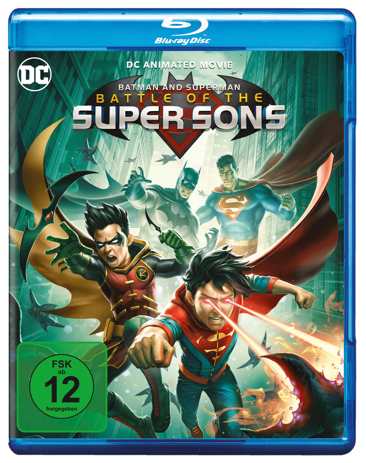 Blu-ray-Hülle für Batman and Superman: Battle of the Super Sons. Comic-Artwork mit Superhelden.