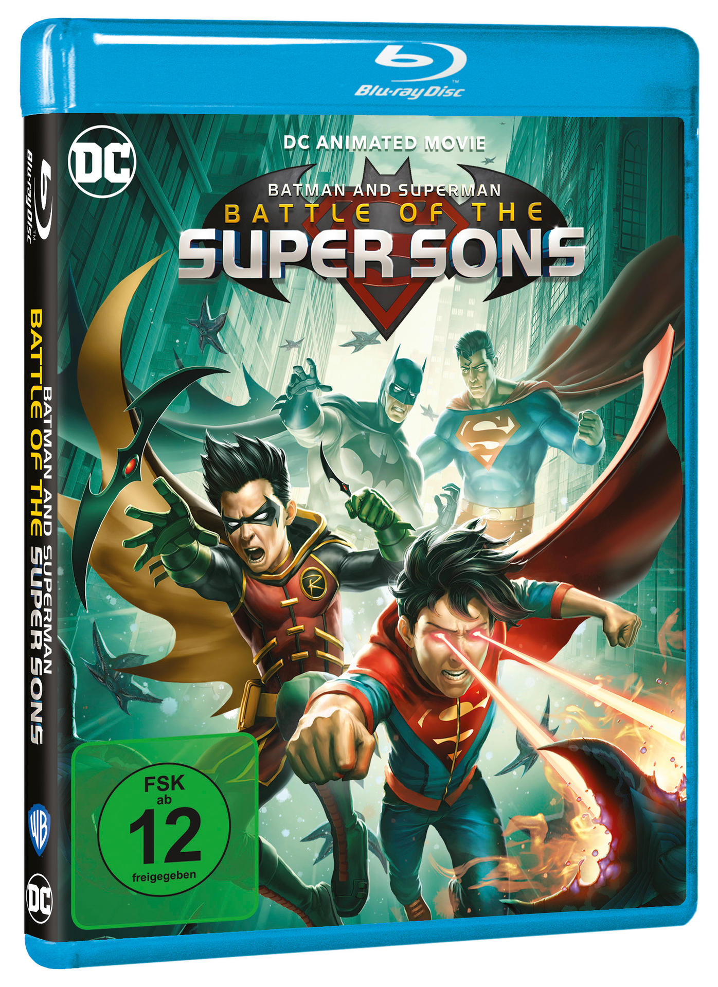 Blu-ray-Disc-Cover von 'Batman and Superman: Battle of the Super Sons'. Bunte Illustration.