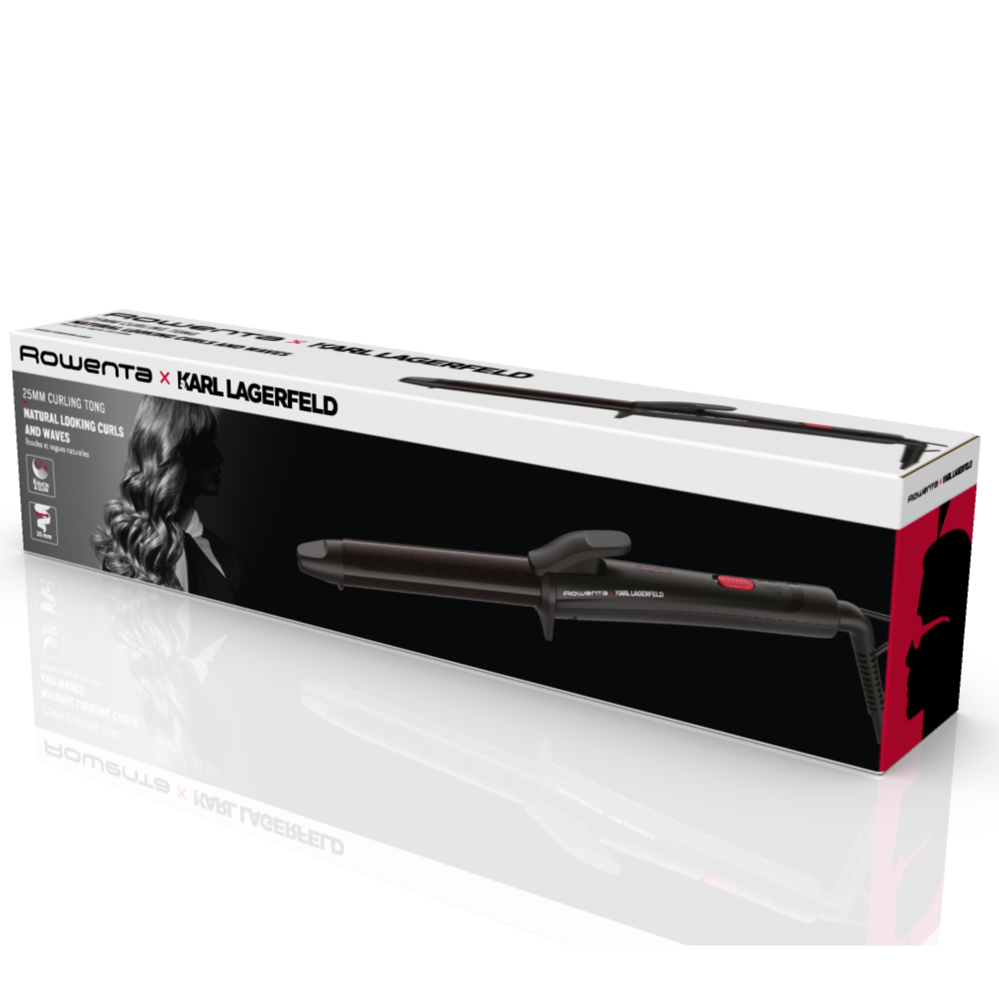 Una caja de tenacillas, negra y roja, con una imagen del cabello peinado de una mujer.