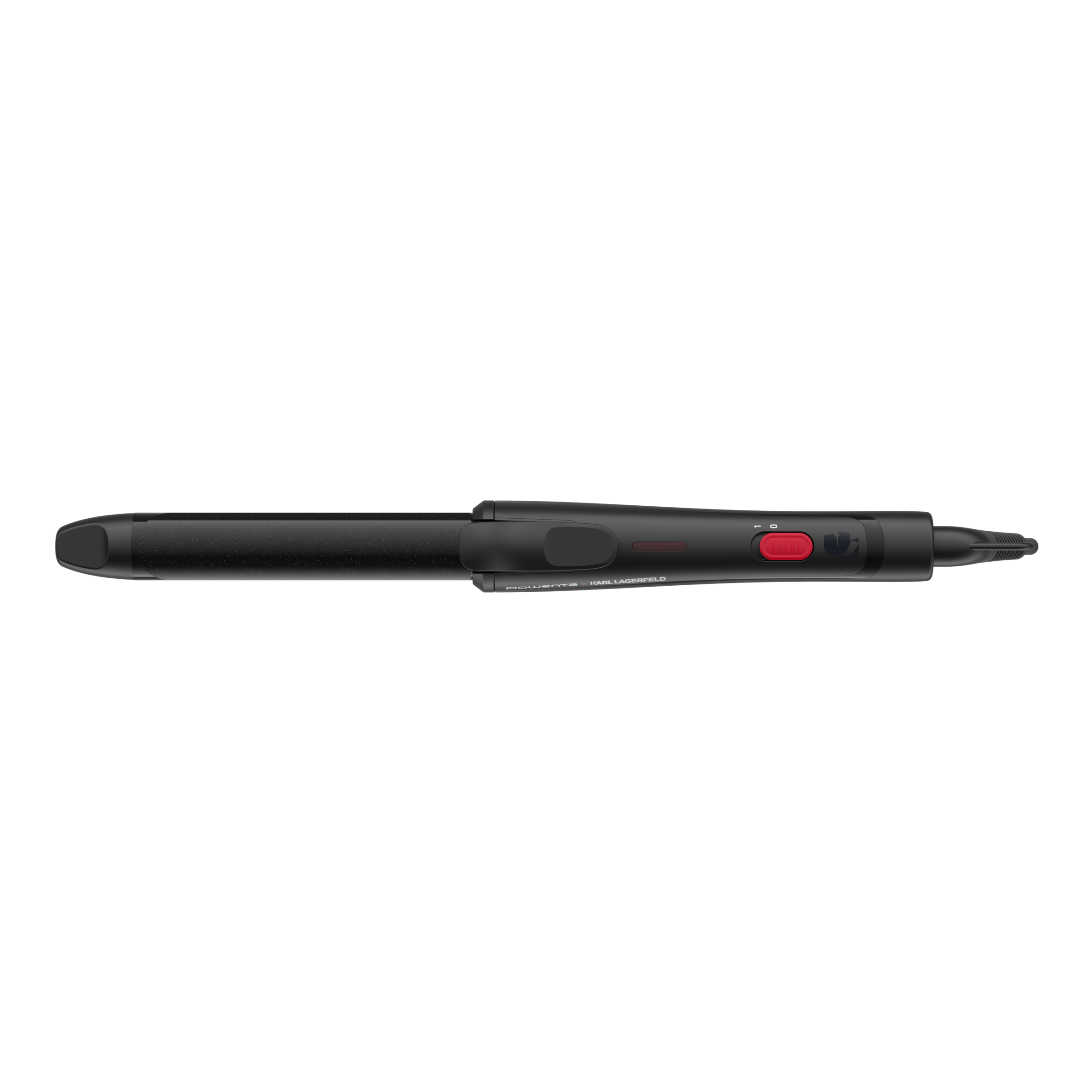 Una plancha para el pelo negra, con un botón rojo de encendido, sobre fondo negro.