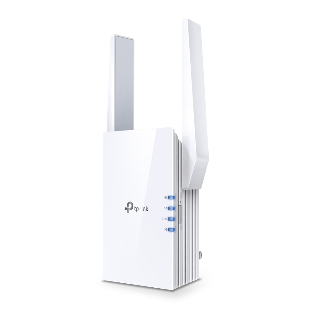 Witte TP-Link wifi-extender met antennes en indicatielampjes.