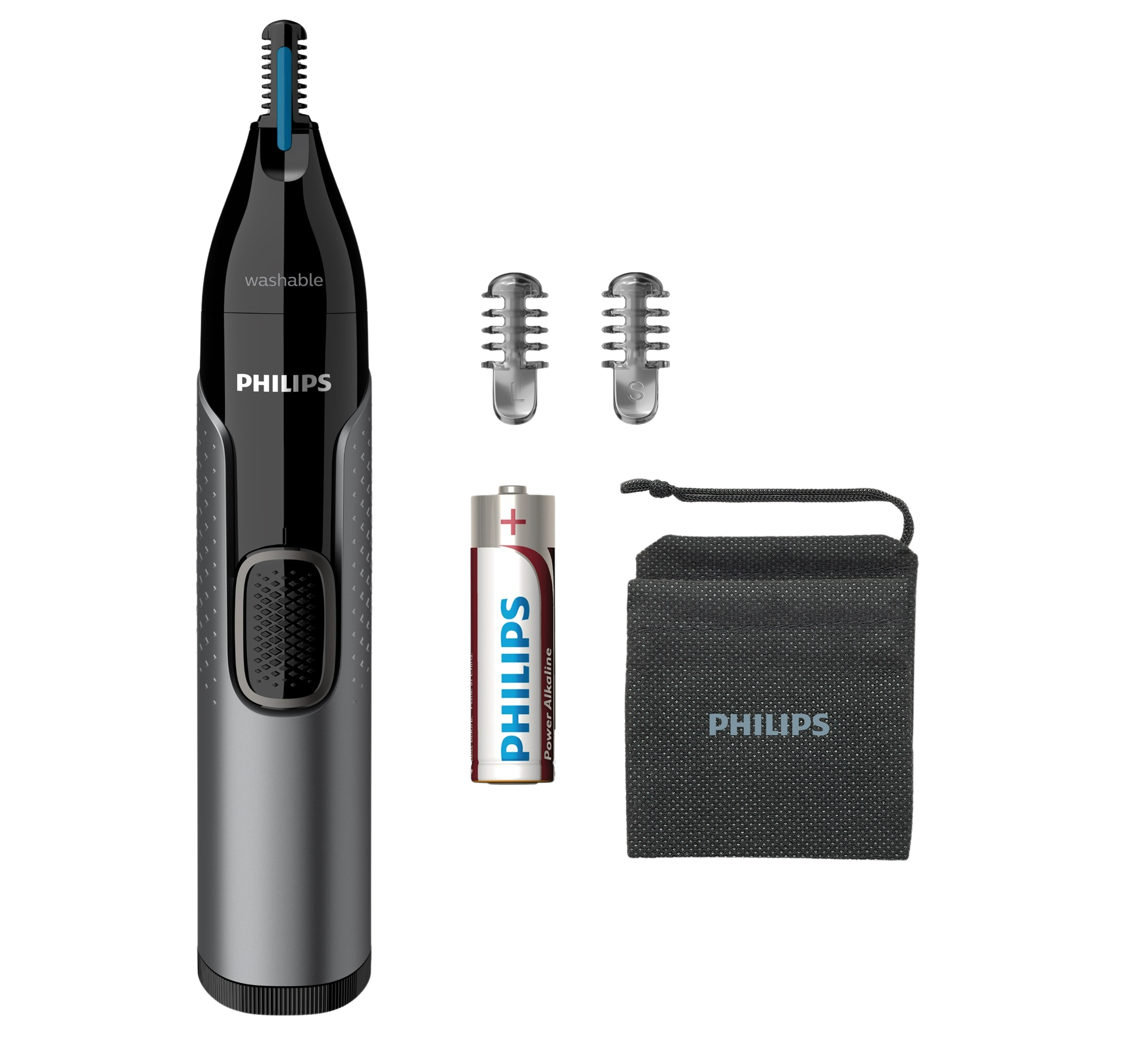 Cortapelos nariz, orejas y cejas - Philips NT3650/16, Acero inoxidable, 2 Peines-guía, Resistente agua, Negro