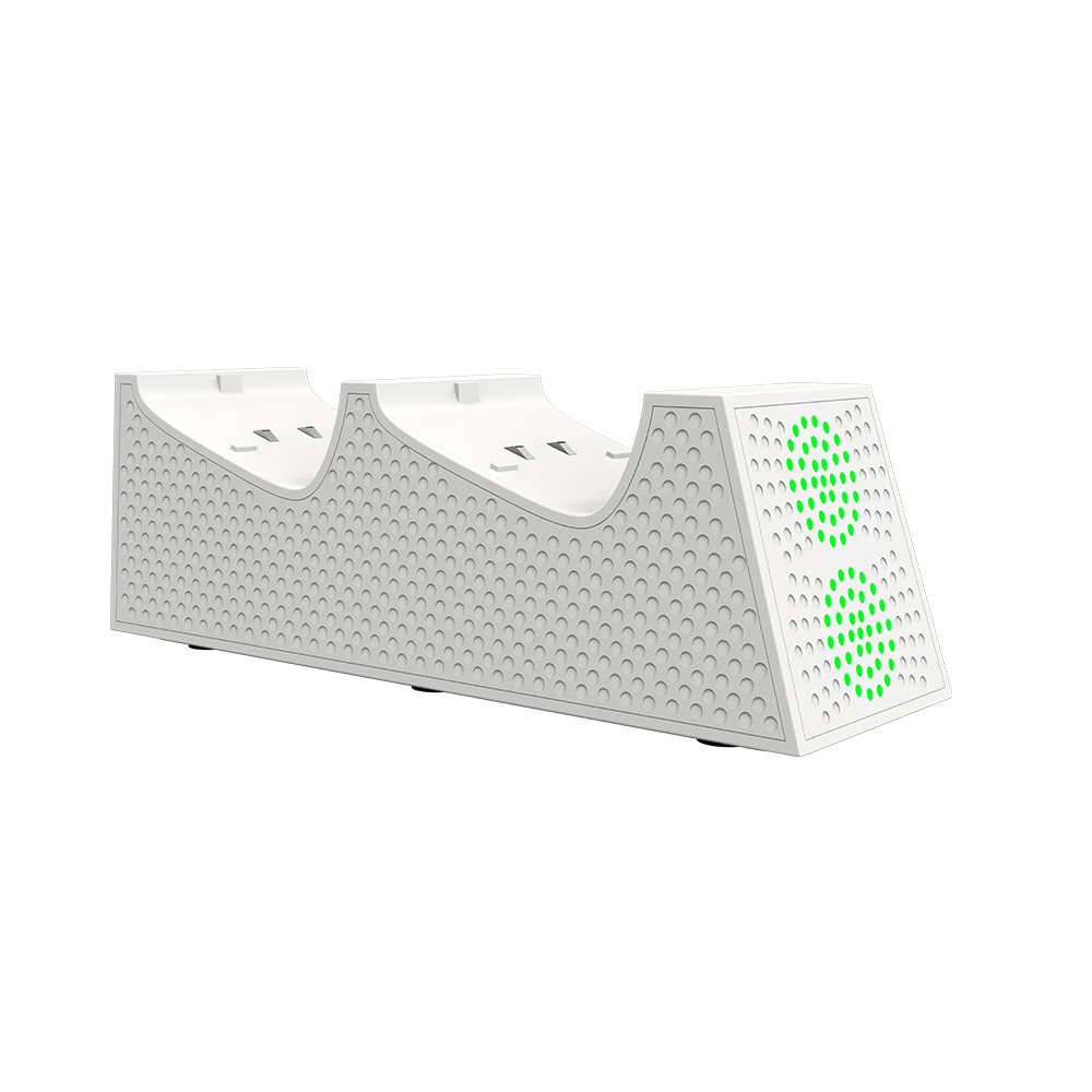 Een wit oplaadstation voor meerdere gamecontrollers, met groene accenten en een strak ontwerp.