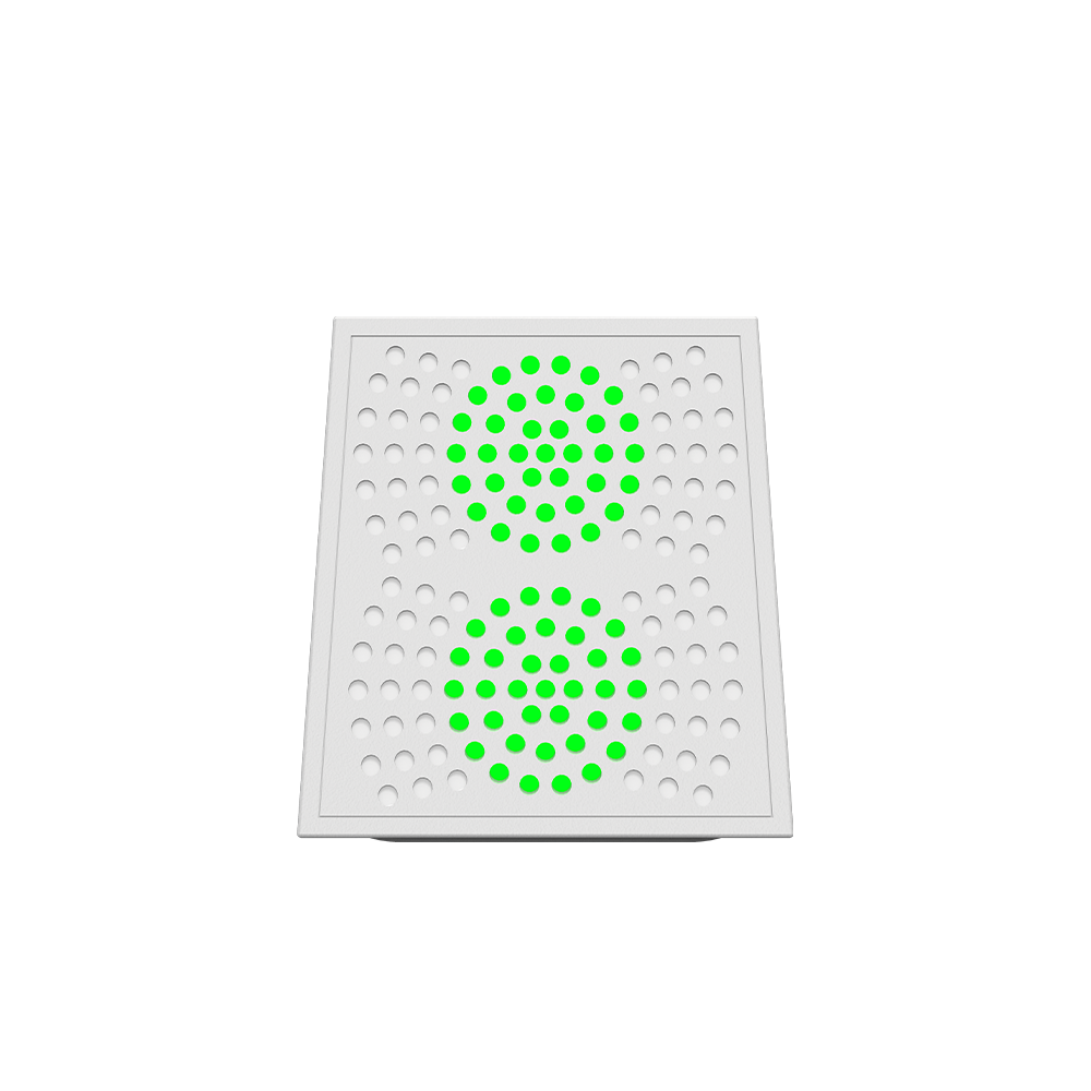 Een wit, vierkant, geperforeerd paneel met twee rijen groene cirkels op een zwarte achtergrond.