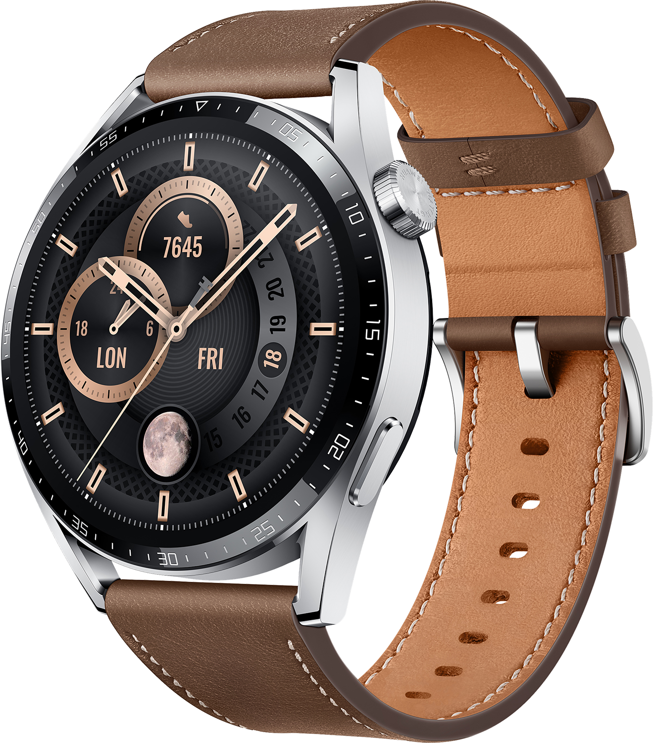 Een zilveren en bruine Huawei smartwatch met een bruine leren band. Het heeft een ronde wijzerplaat.