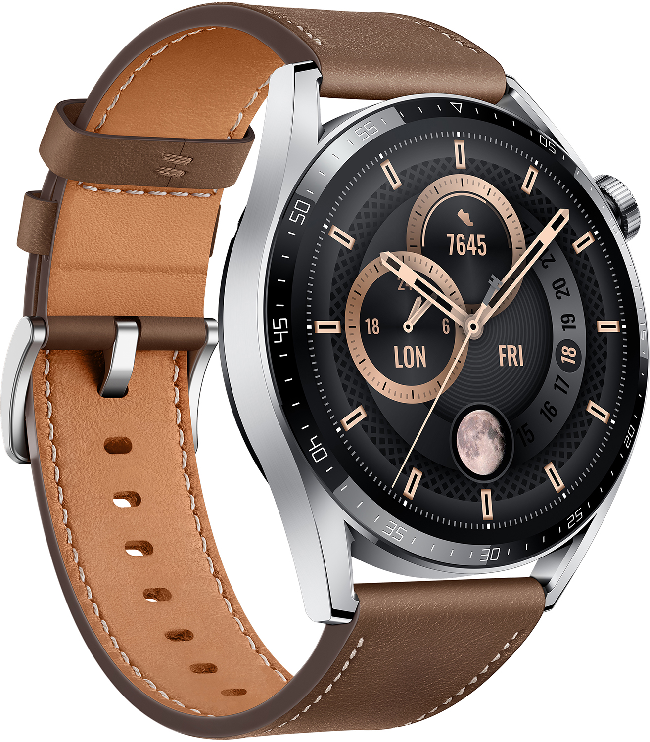Close-up van een bruin leren horloge met zilveren frame. De wijzerplaat toont details.