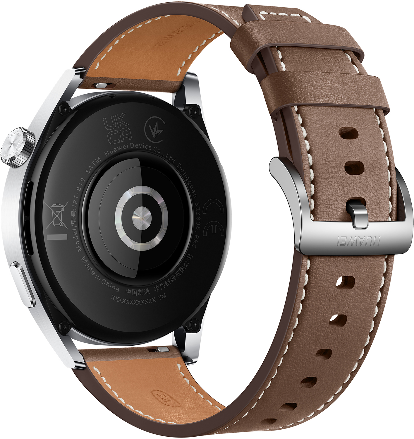 De achterkant van een Huawei smartwatch met een bruine leren band.