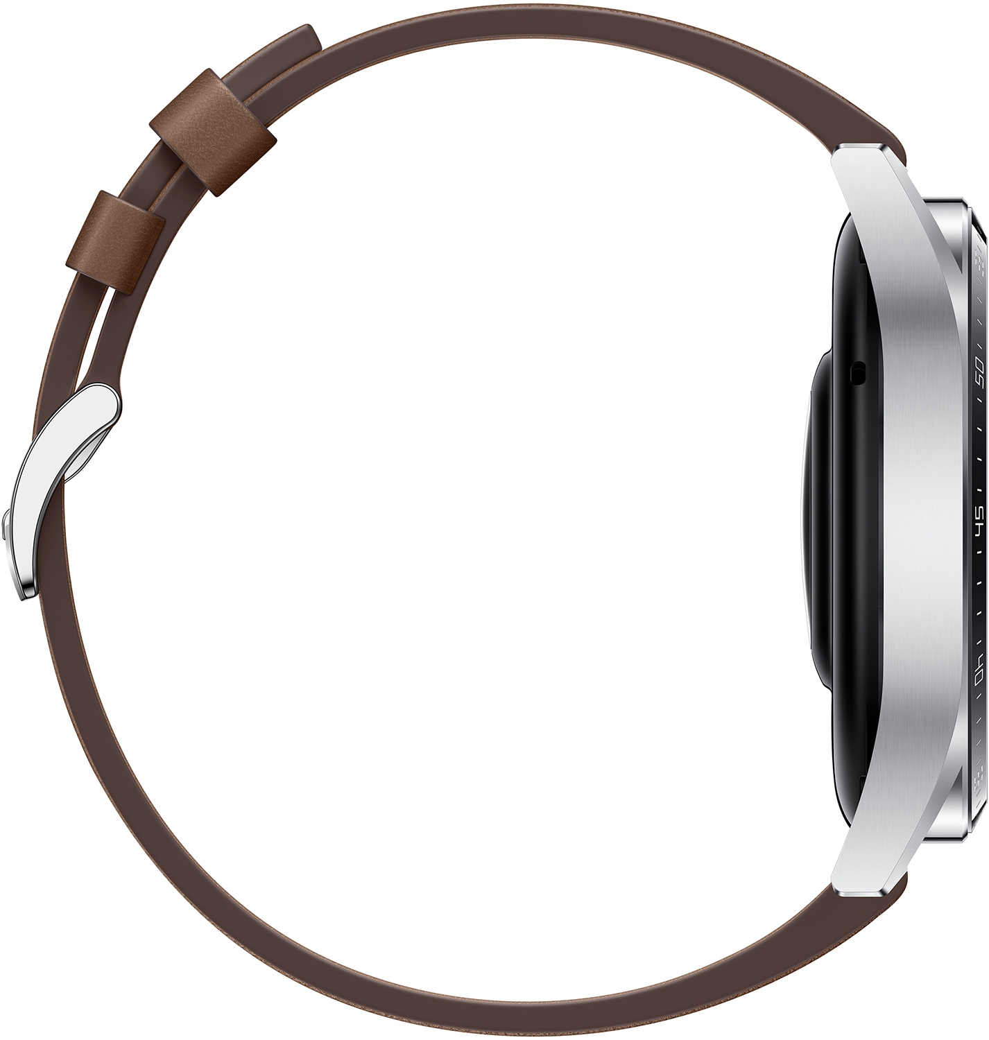 Een zijaanzicht van een zilveren smartwatch met een bruine leren band.