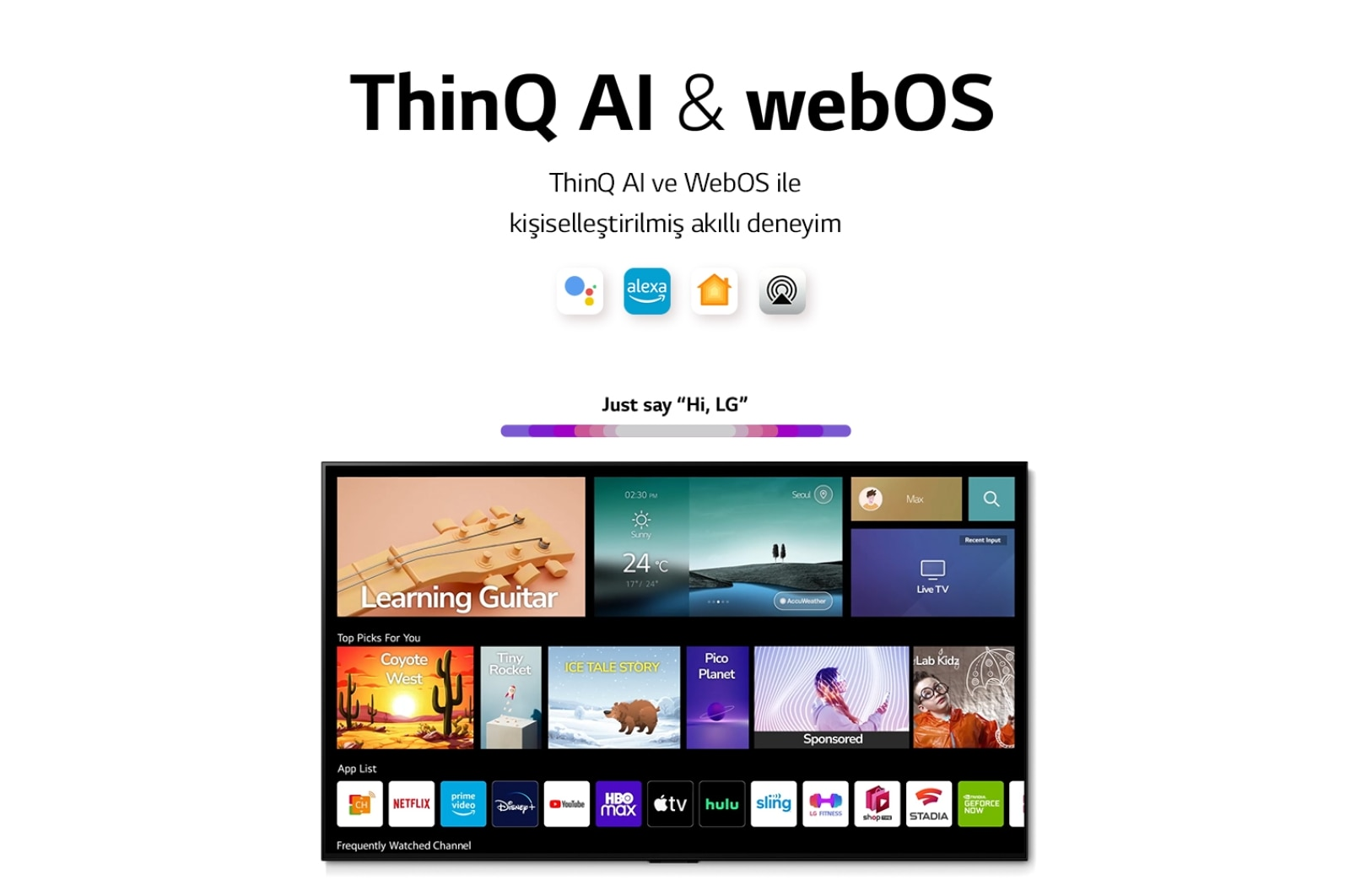 Bir TV ekranı, çoklu uygulamalarla arayüzü görüntüler. Başlık Thinq AI & webOS'tur. Arka plan beyazdır.