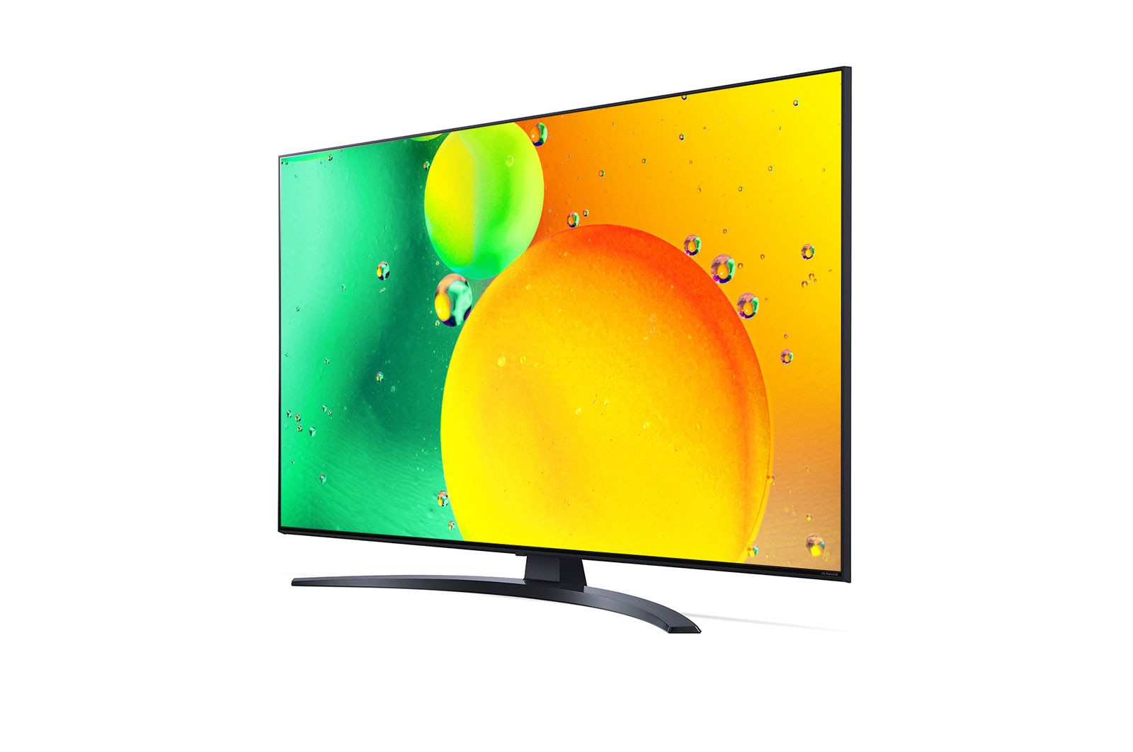 Sarı ve yeşil arka planlı, kabarcıkların olduğu büyük bir kavisli ekran TV.