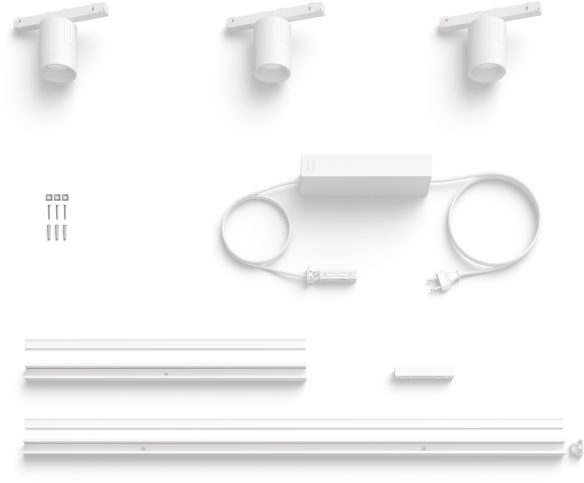 Witte railverlichtingskit. Drie lampen, voeding, rails, schroeven en een connector zijn zichtbaar.