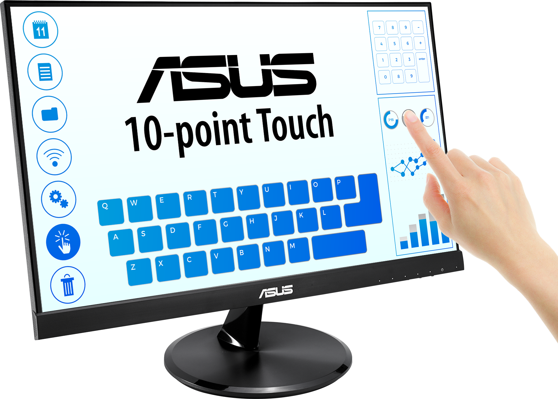 Fekete ASUS 10 pontos érintőképernyős monitor, egy kéz érinti a képernyőt, billentyűzetet és ikonokat mutat.