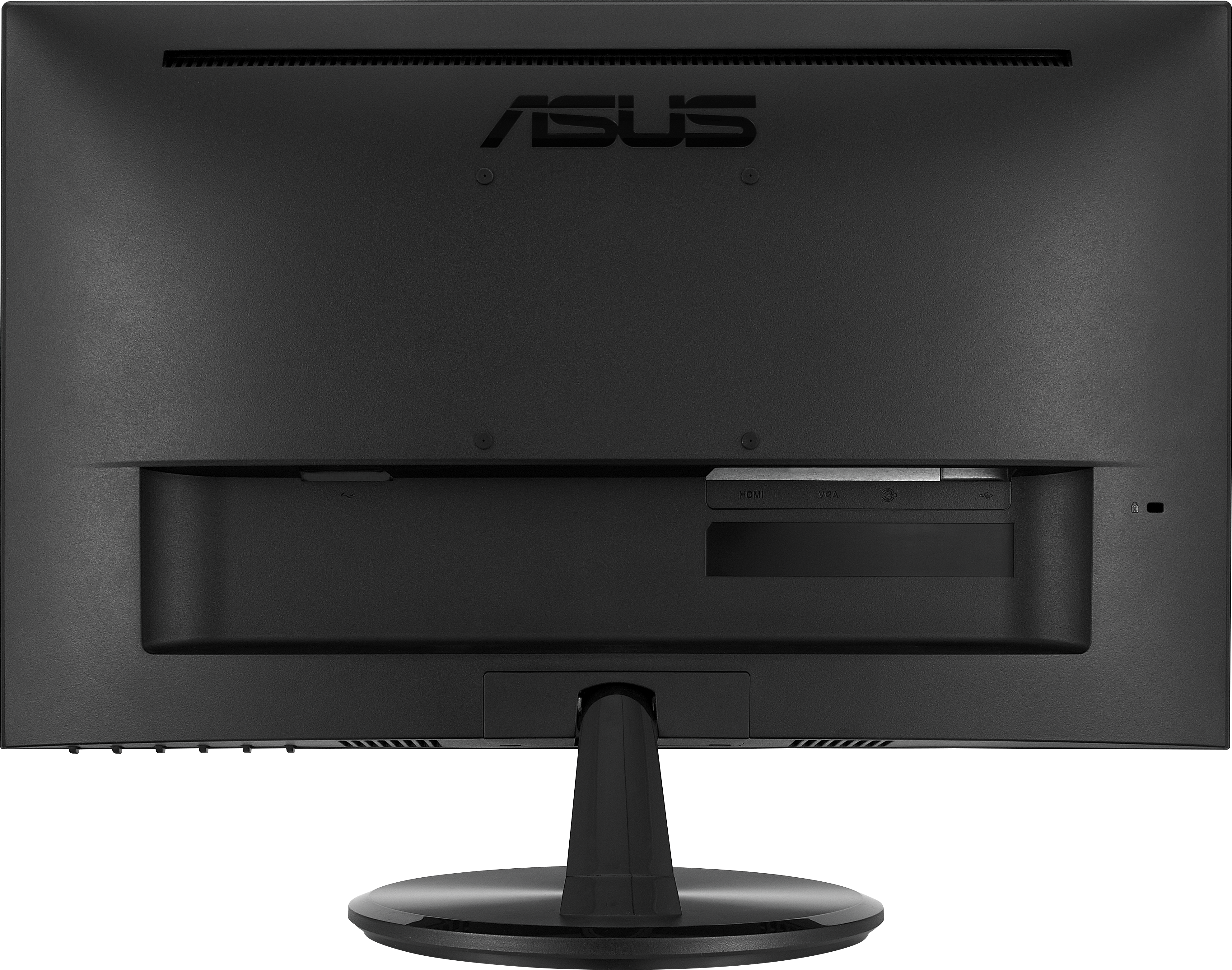 Egy fekete Asus monitor hátulja, portokkal és állvánnyal.