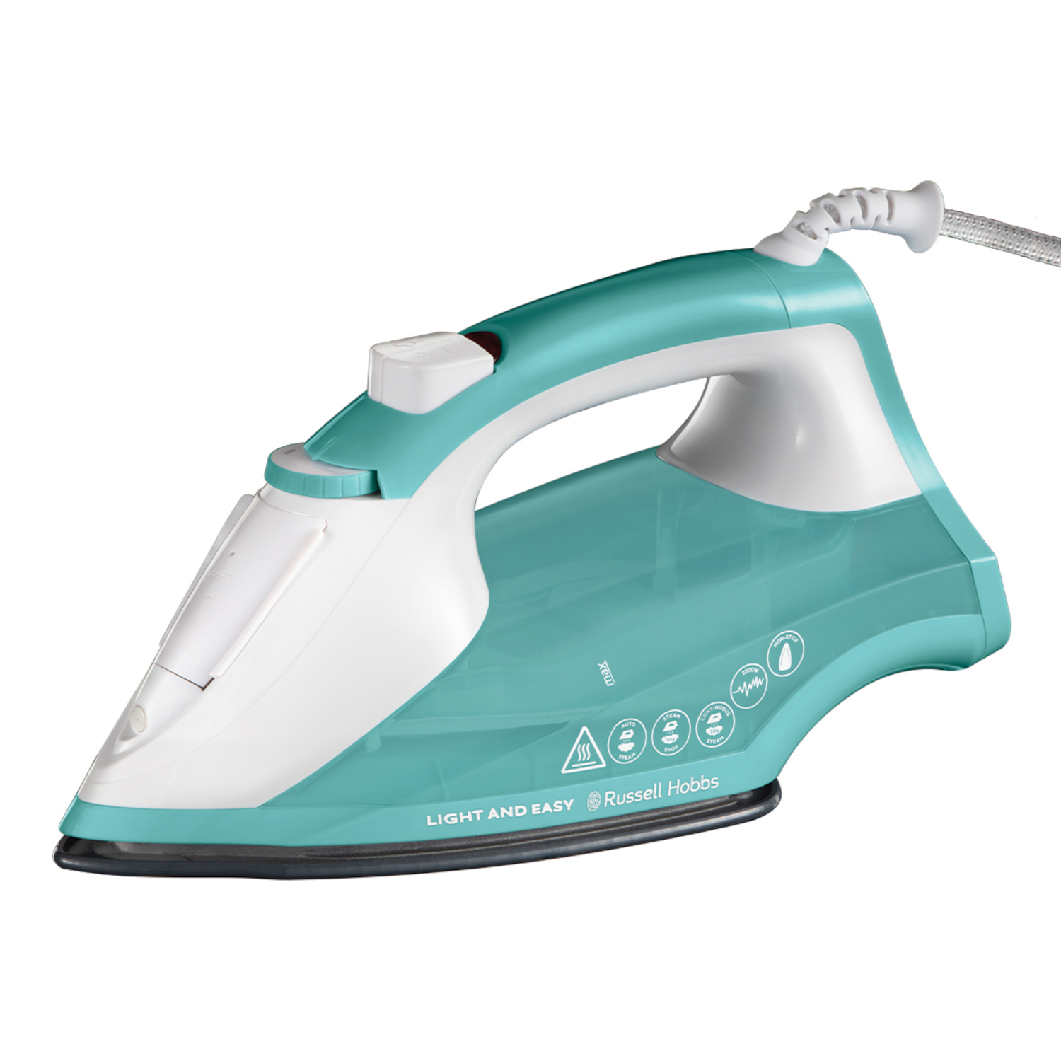An iron with a teal top and white base. The cord is white.