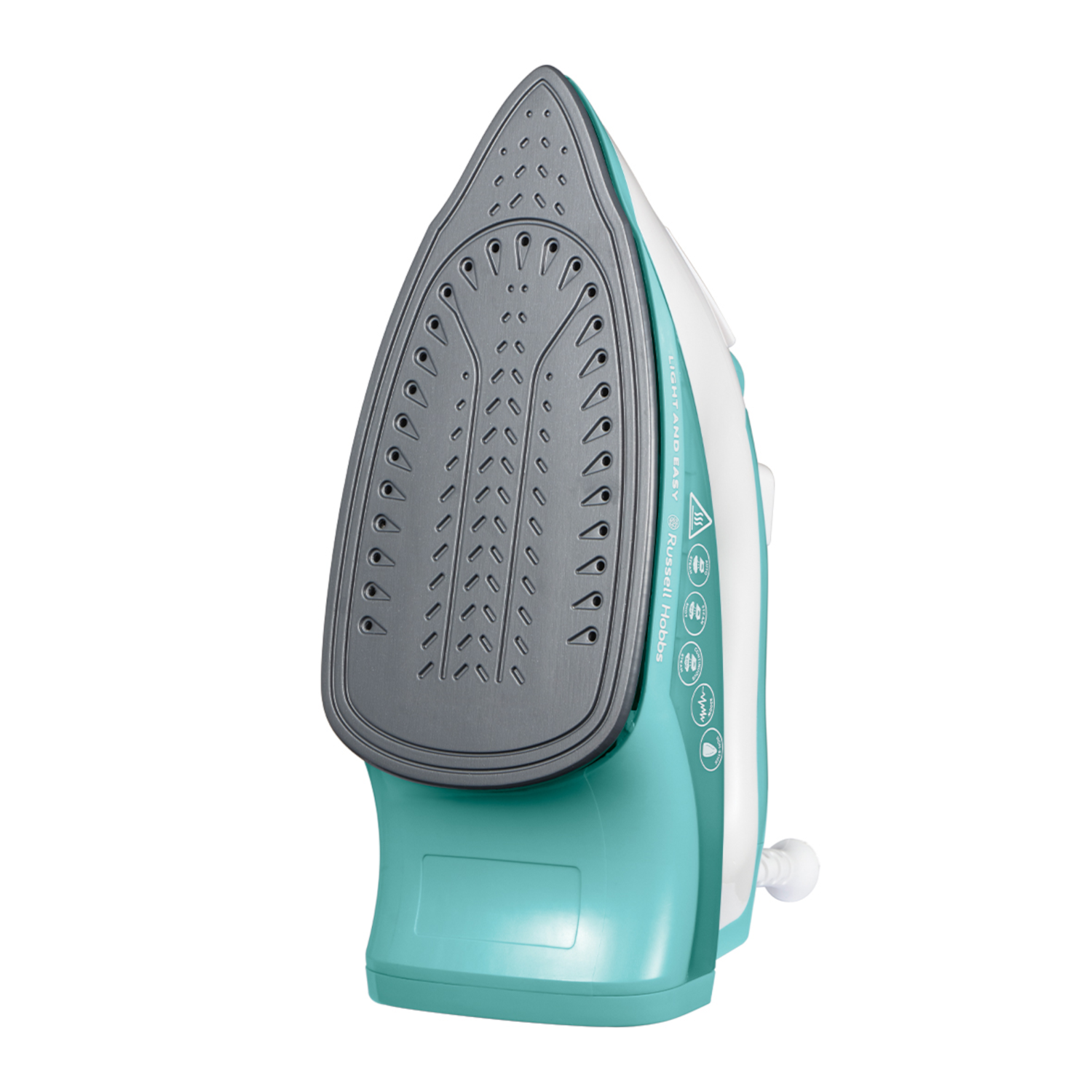 Teal and white iron, with a gray soleplate and steam vents, on a white background.