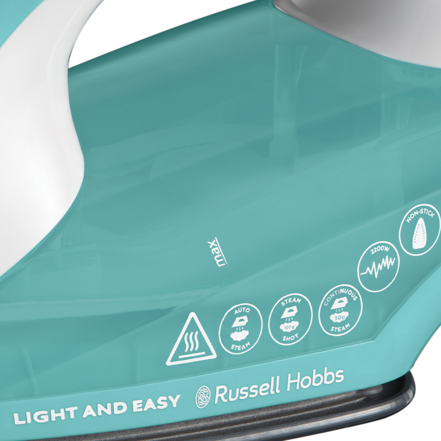 Close-up of a teal iron with white accents. Text: Auto steam, 2200W, and continuous steam, Russell Hobbs.