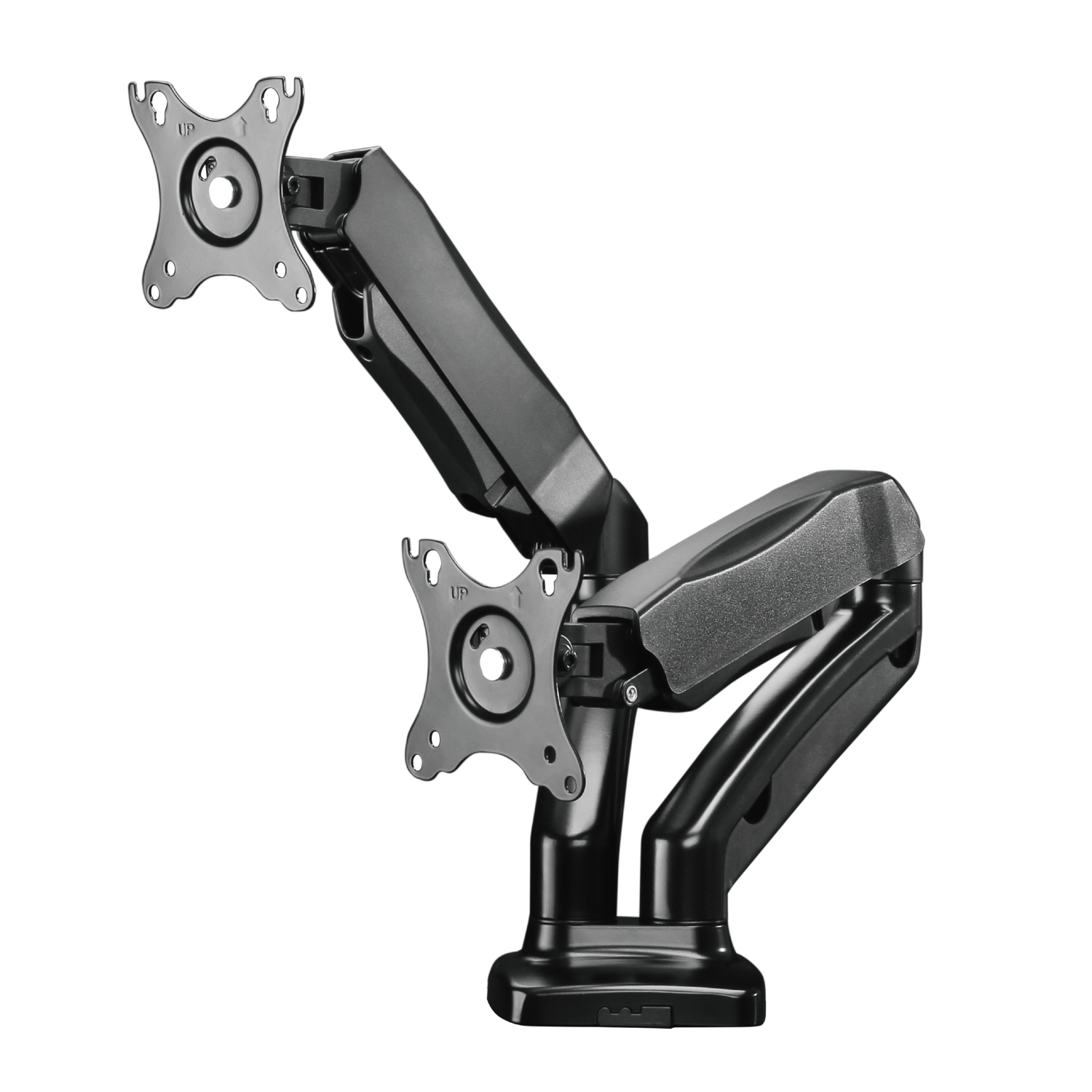 Black dual monitor arm with two screens attached, on a black background.