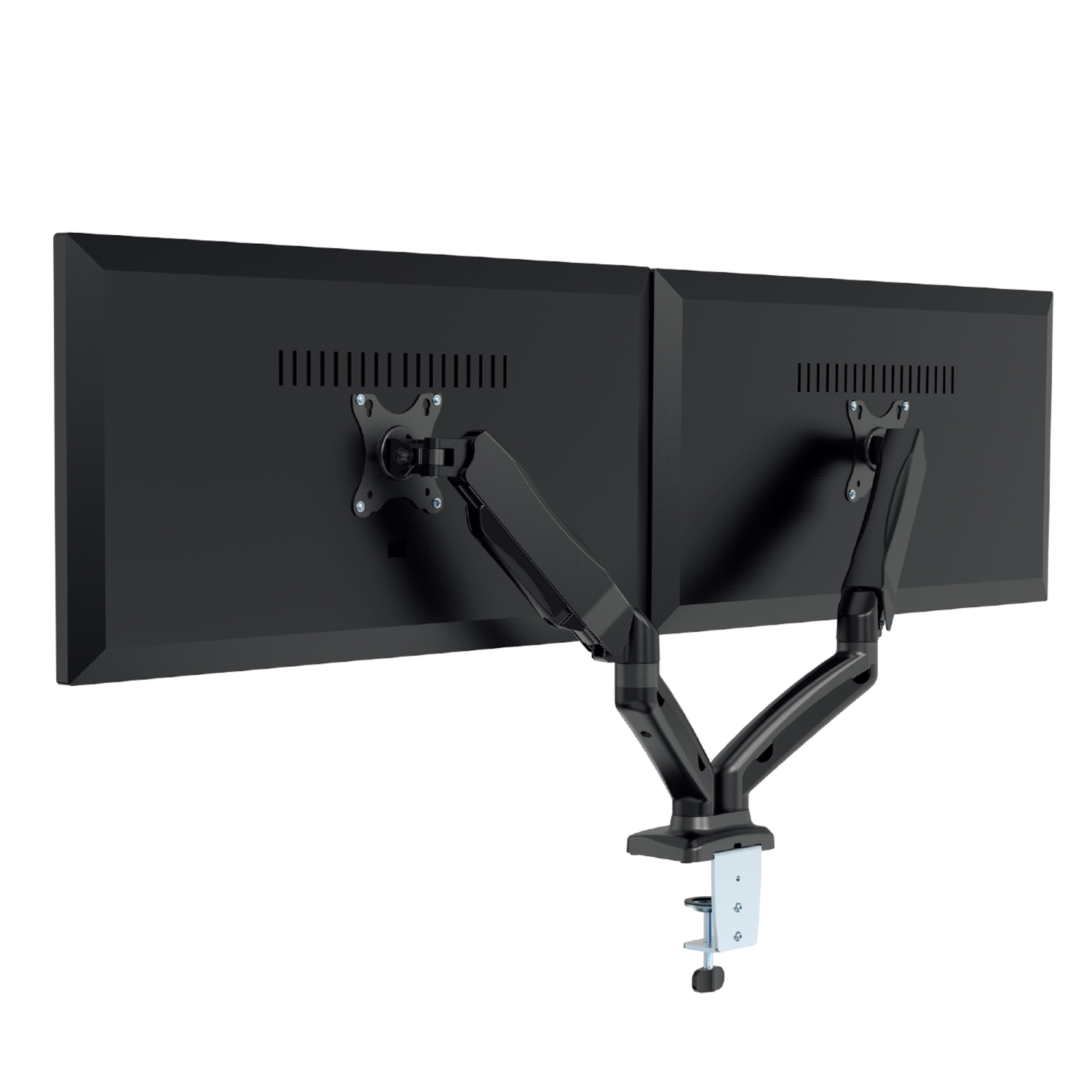 Two black computer monitors mounted on adjustable arms.