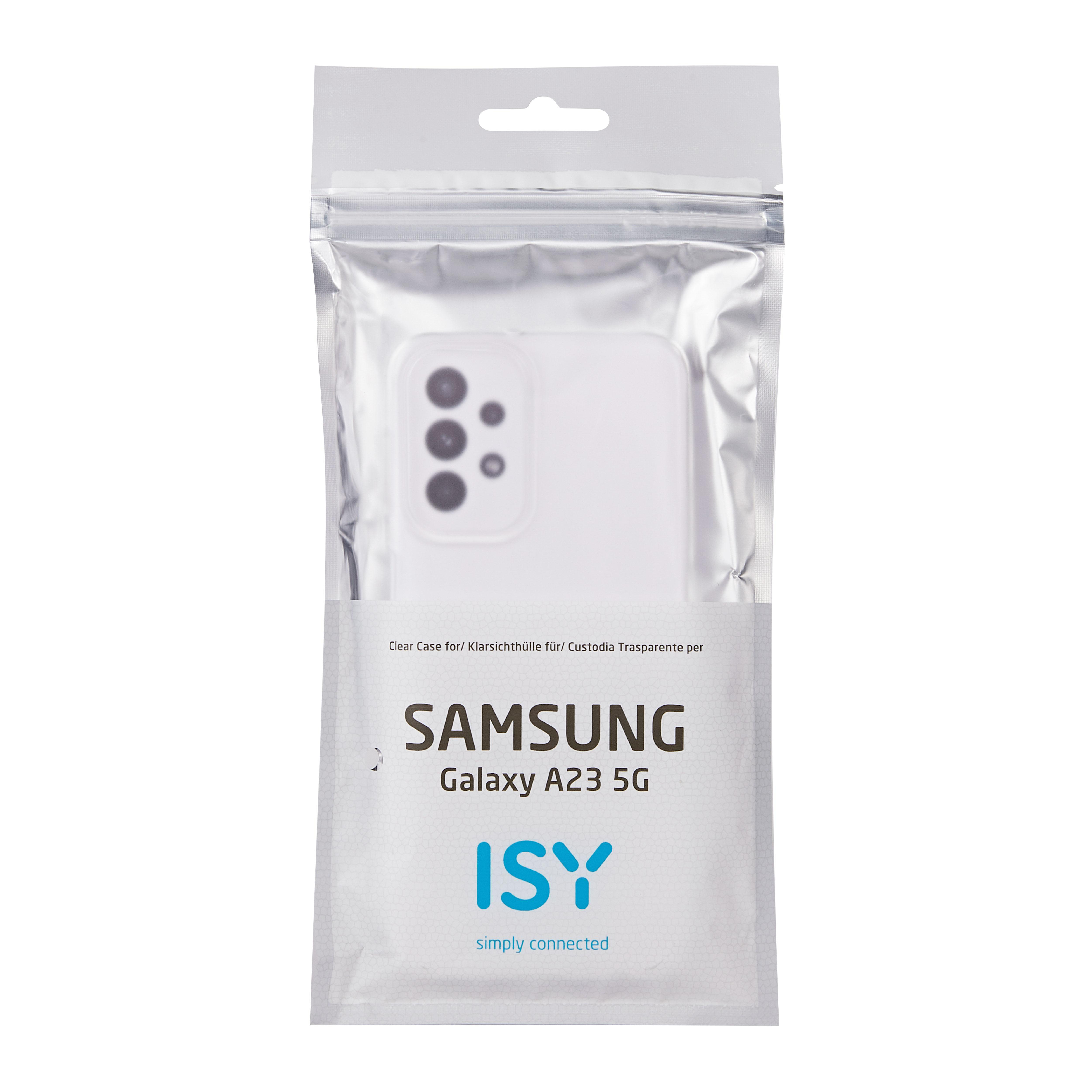 Eine transparente Hülle für ein Samsung Galaxy A23 5G Telefon in einer versiegelten Plastikverpackung.