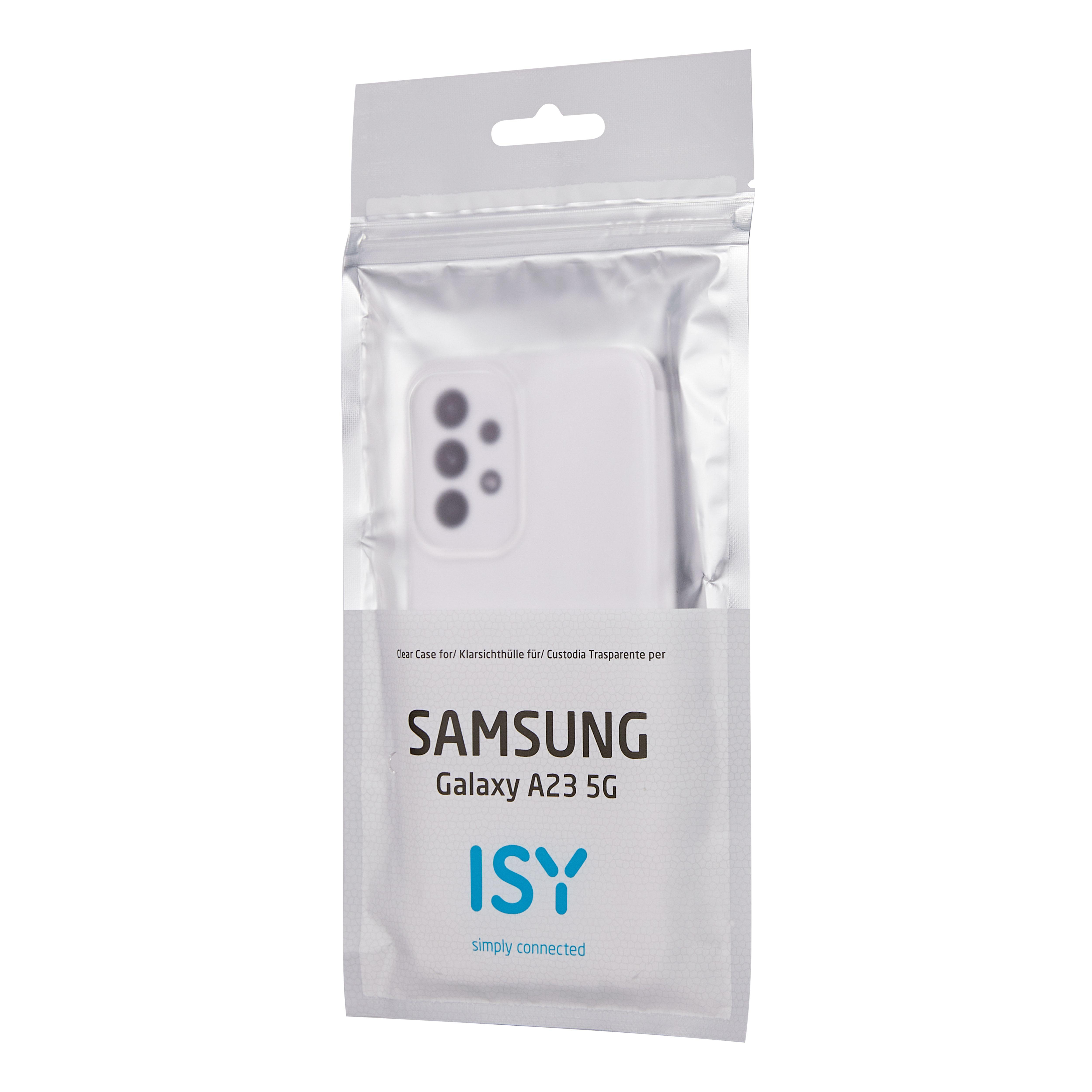 Eine weiße Handyhülle in einer durchsichtigen Plastiktüte mit Samsung- und ISY-Etikett.