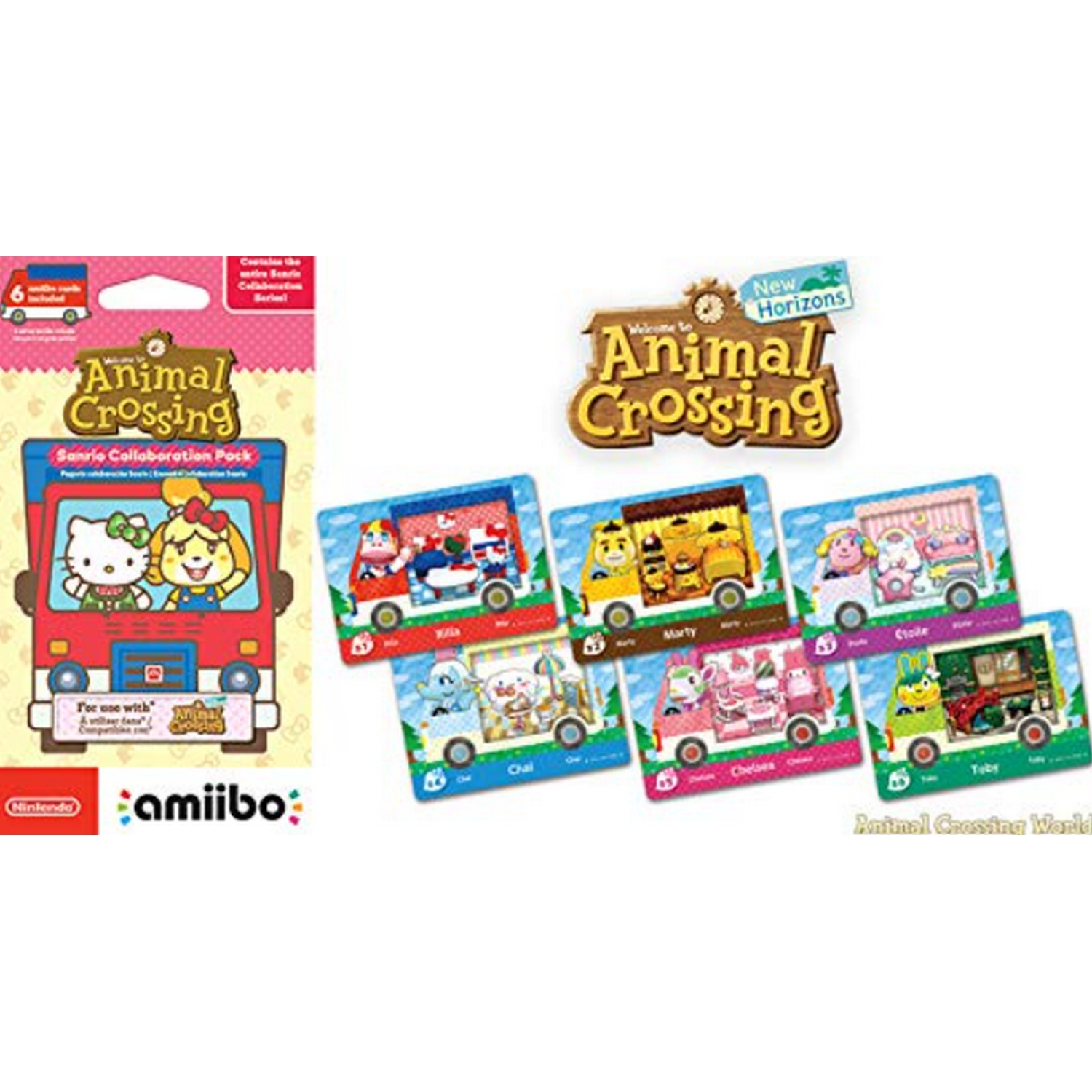 Cartas amiibo de Animal Crossing y un paquete de cartas, con personajes de dibujos animados en un autobús rojo y otras cartas.