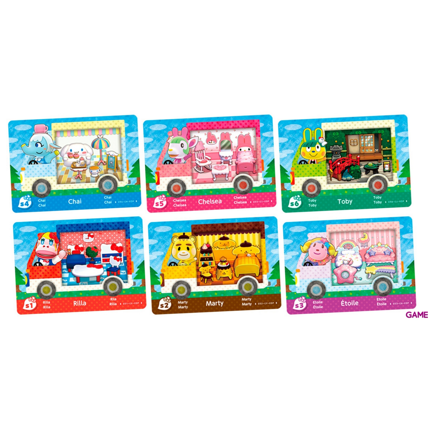 Seis cartas coloridas con personajes de dibujos animados en vehículos temáticos de Animal Crossing.