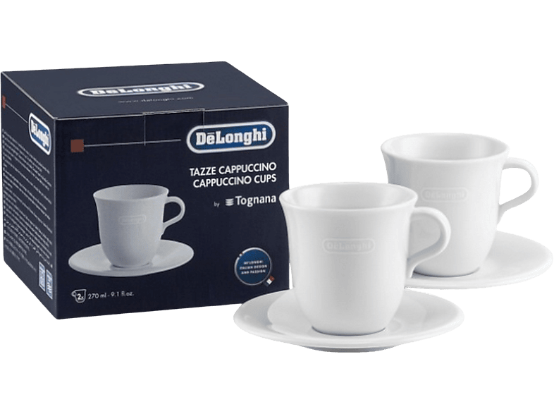 Taza - De'Longhi DLSC309, Set 2 tazas con platillo, Para Cappuccino, Porcelana, Blanco