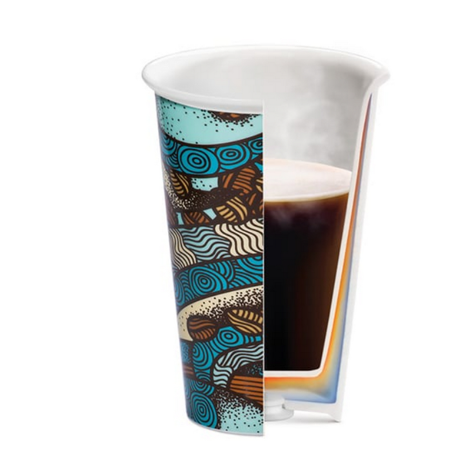 Corte transversal de una taza de café con diseño colorido y café oscuro.