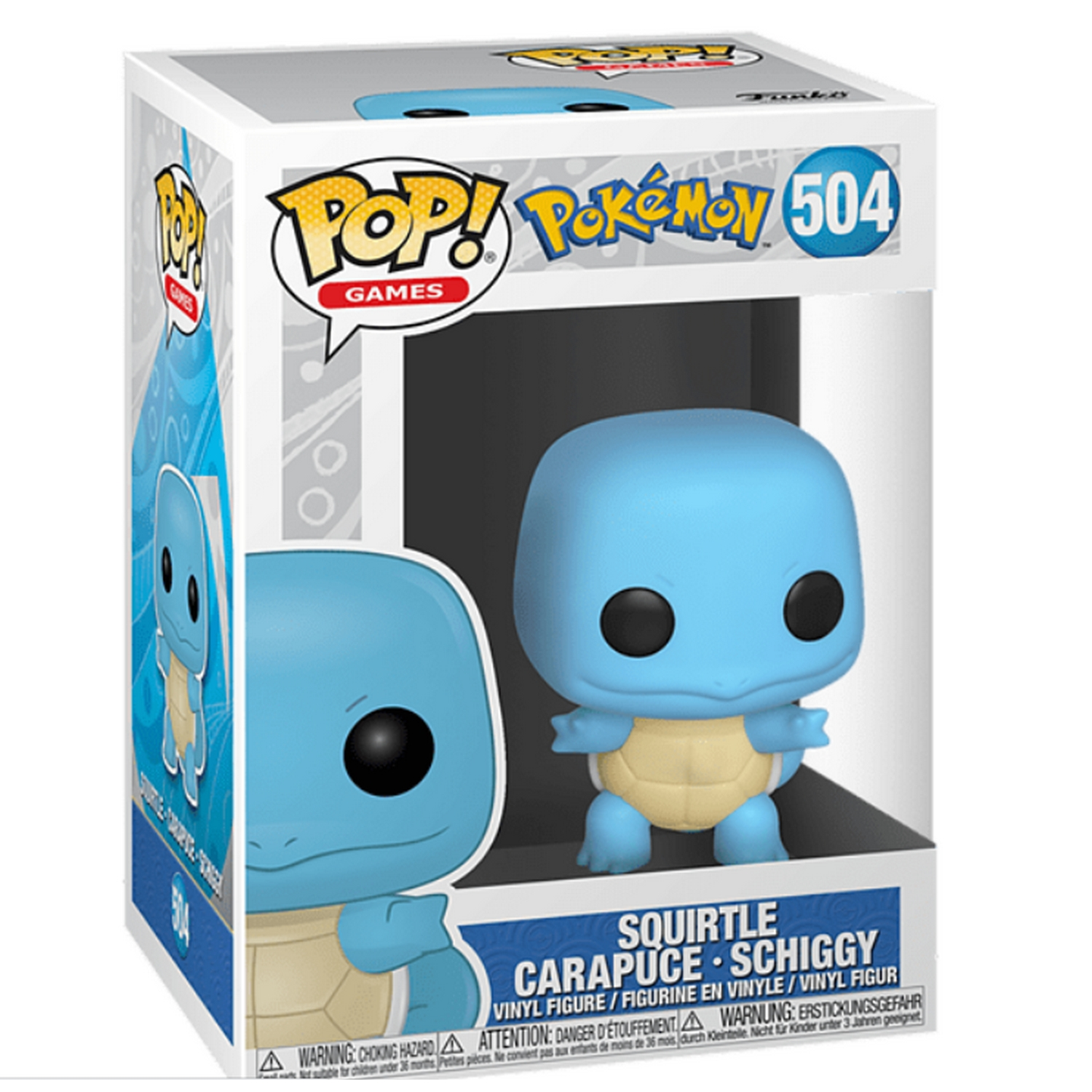 Caja de Funko Pop de Squirtle con la figura de Squirtle en exhibición.