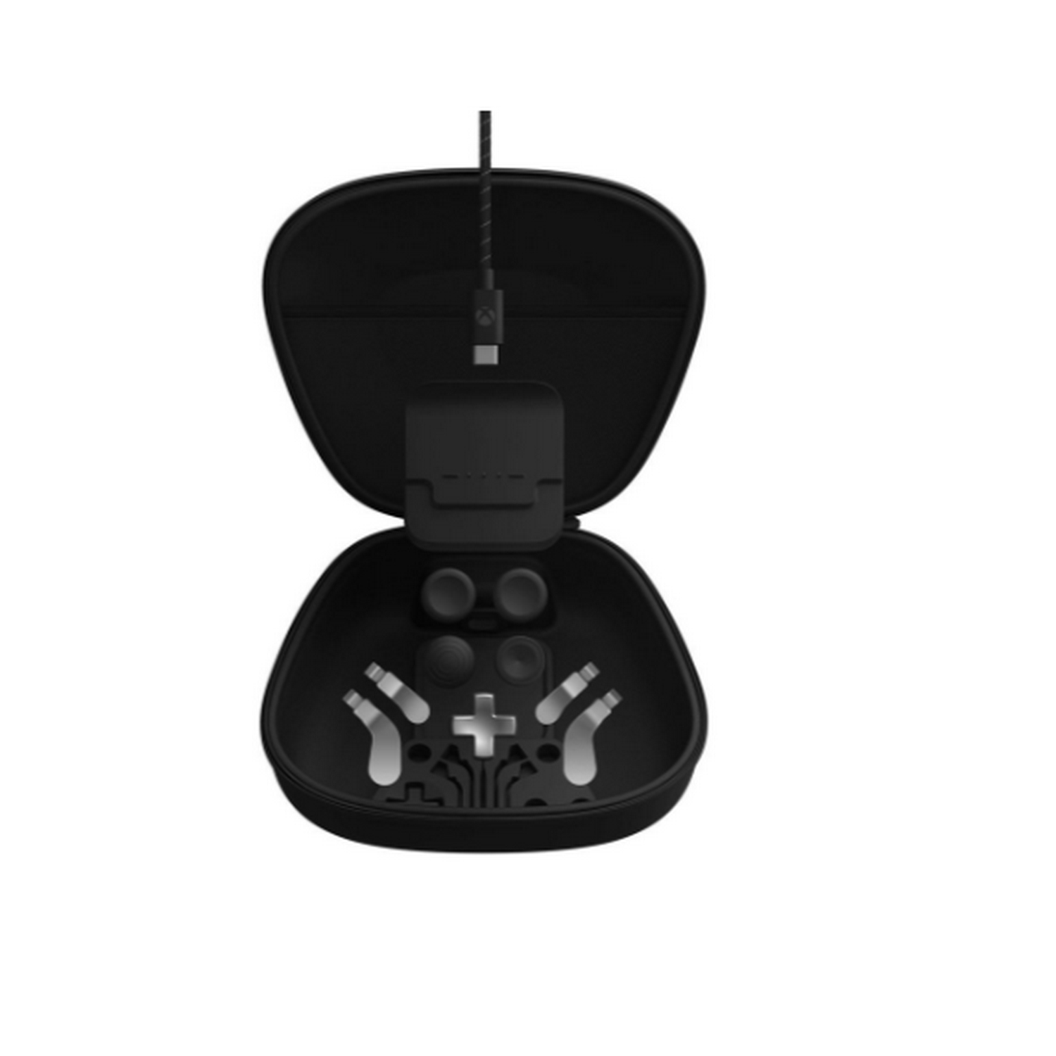 Kit de accesorios para mando inalámbrico Xbox Elite Series 2 en color negro y plata, con funda rígida de transporte, base de carga, cable USB-C y piezas intercambiables para Xbox Series.