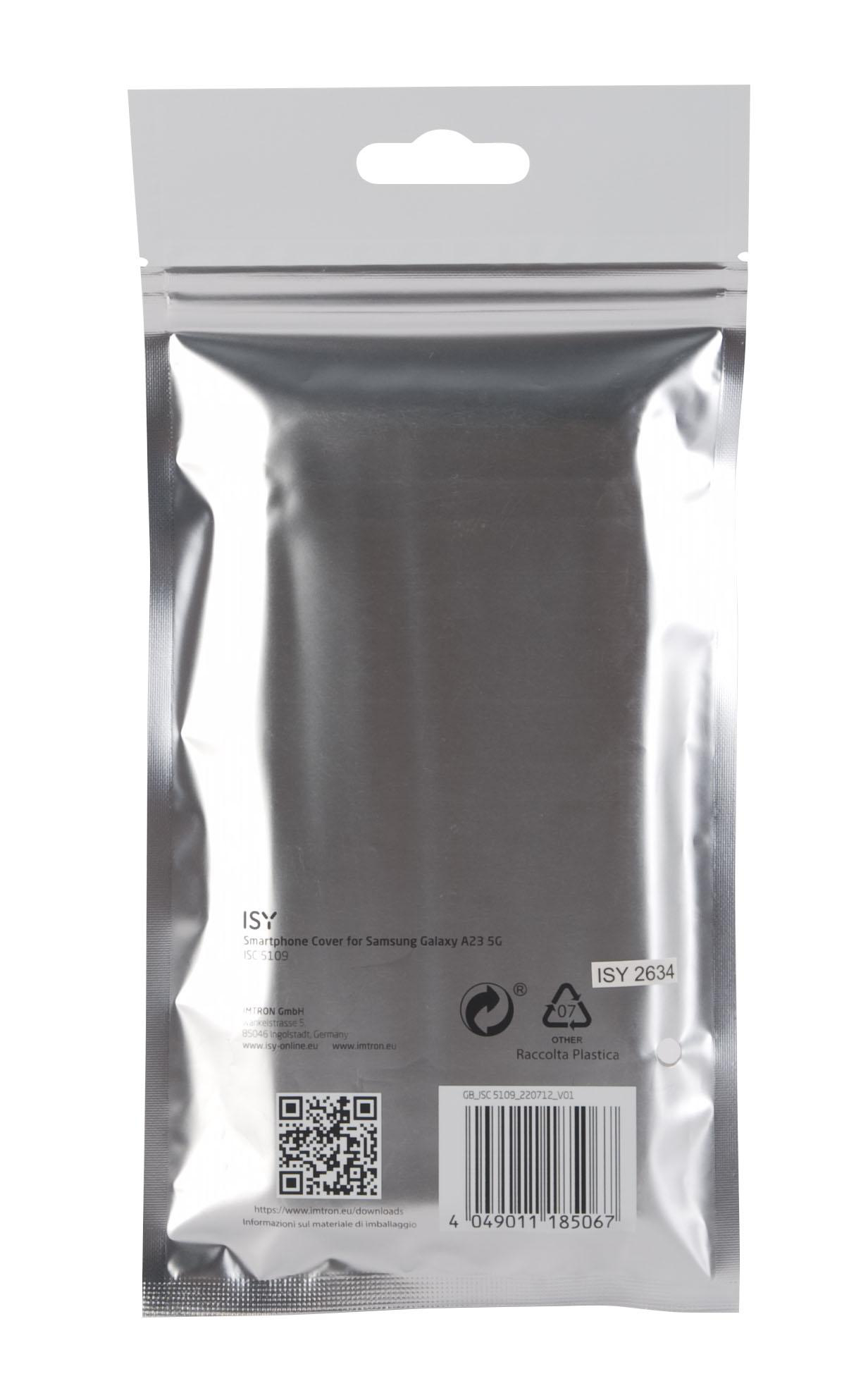 Eine silberne Smartphone-Hülle in einer silbernen Plastikverpackung mit Produktinformationen.