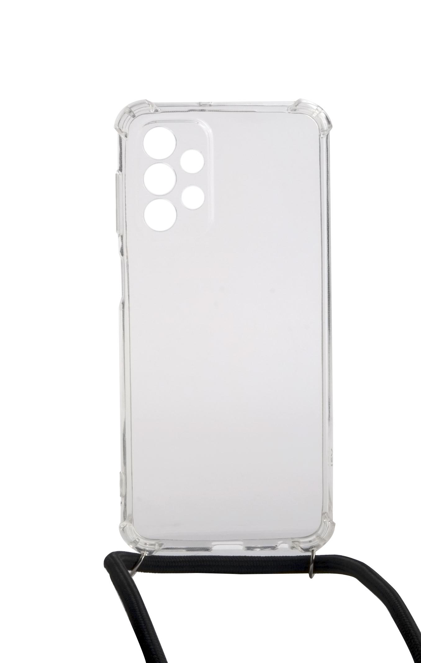 Eine transparente Handyhülle mit schwarzem Riemen, die die Kamera eines Telefons zeigt.