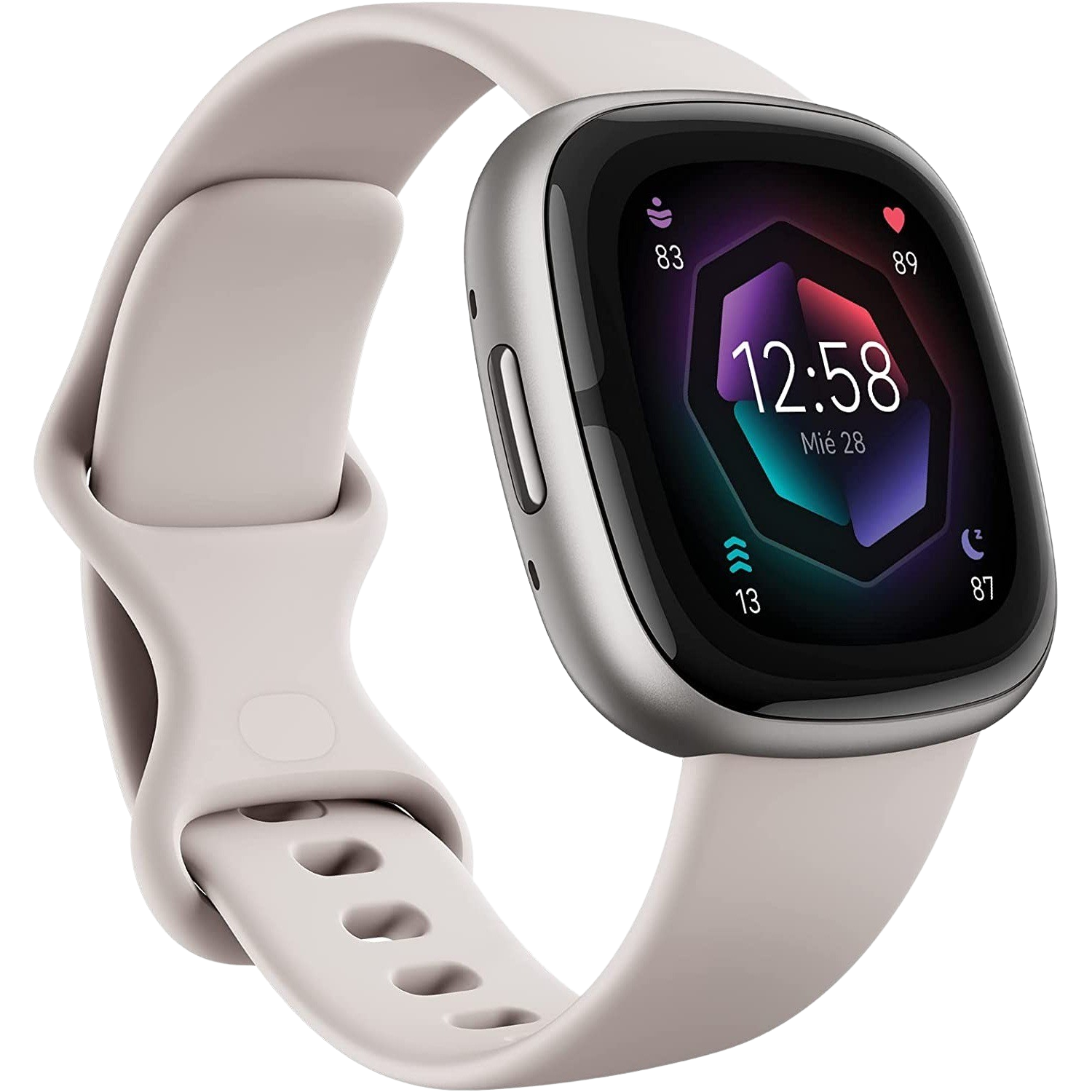 Reloj inteligente gris con pantalla táctil que muestra la hora y otras métricas.