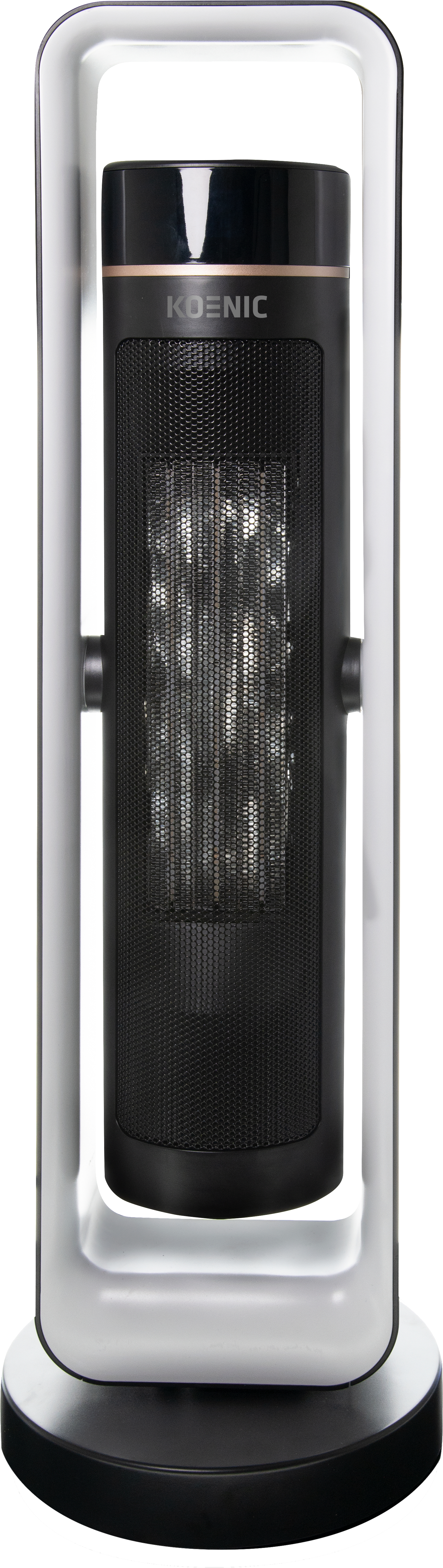 Fehér-fekete Koenic elektromos hősugárzó. Fehér keret, fekete fűtőelem. Fehér háttér.