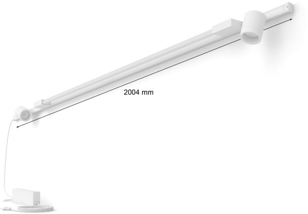 Witte railverlichting met een lengte van 2004 mm, op een witte muur.