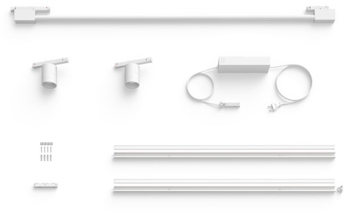 Witte modulaire verlichtingscomponenten, inclusief rails en spots, op een witte achtergrond.