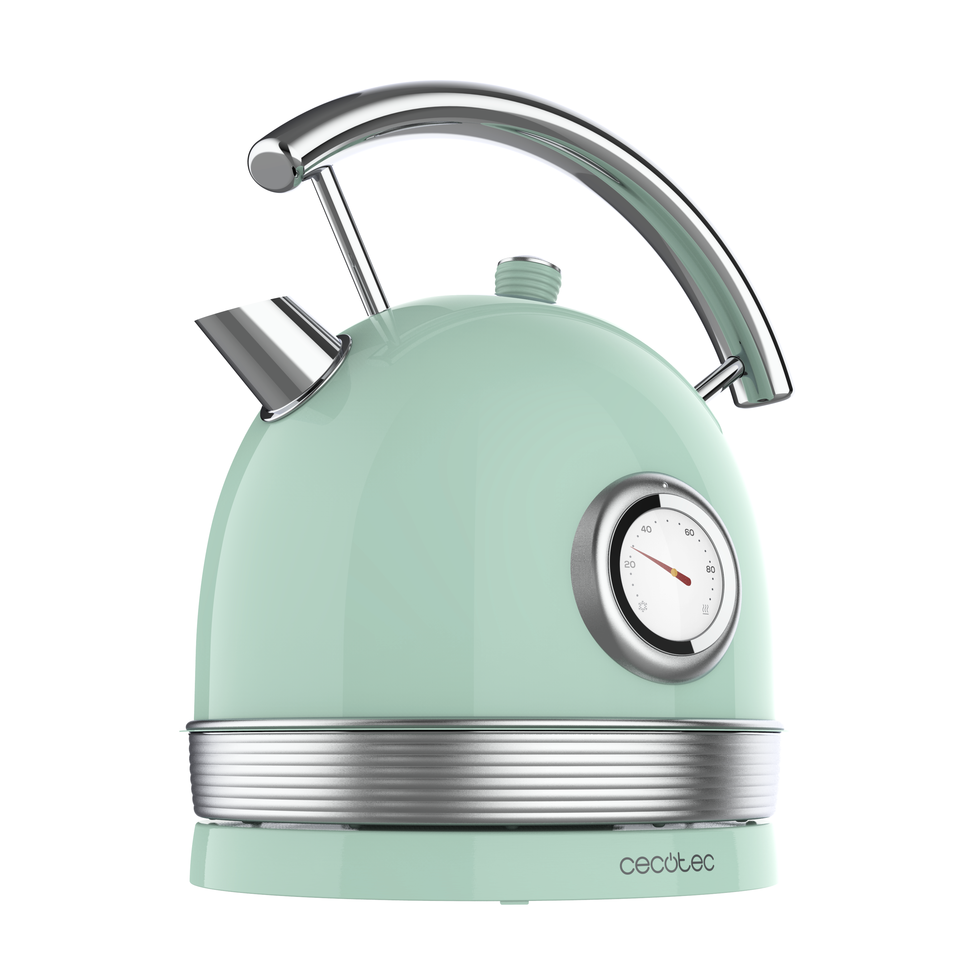 Hervidor verde menta con asa plateada y medidor de temperatura sobre fondo negro.
